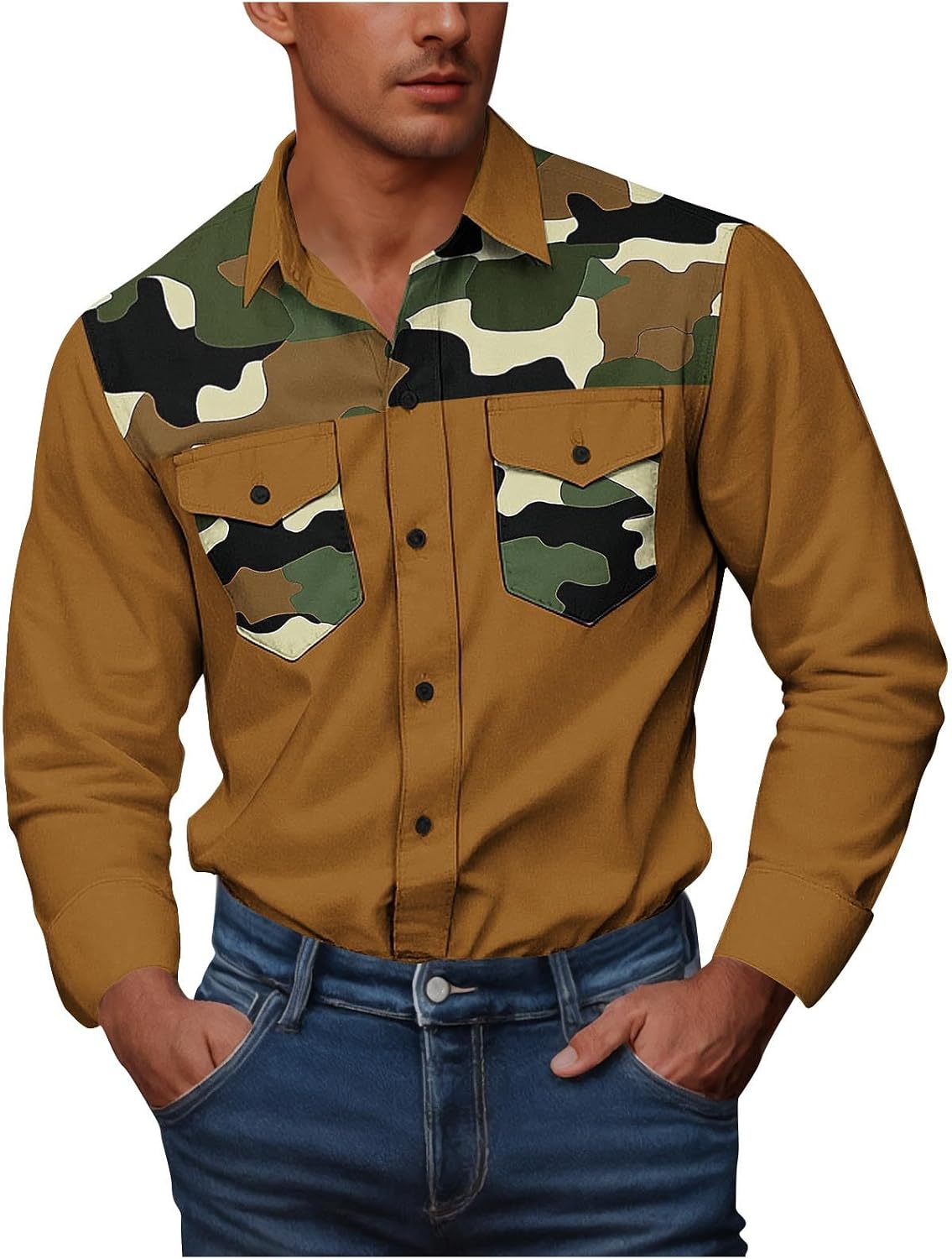 Mens Cowboy Shirts Western Long Sleeve Big and Tall Camouflage Print Work Shirt Button Down with Two Pockets Blouses