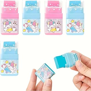Cute Kawaii Cartoon Roller Eraser in a Glitter Cap Pencil Rubber Eraser Set Stationery for Boys and Girls and Birthday Return Gifts - Pack of 5 Design May Vary (Pink and Blue)