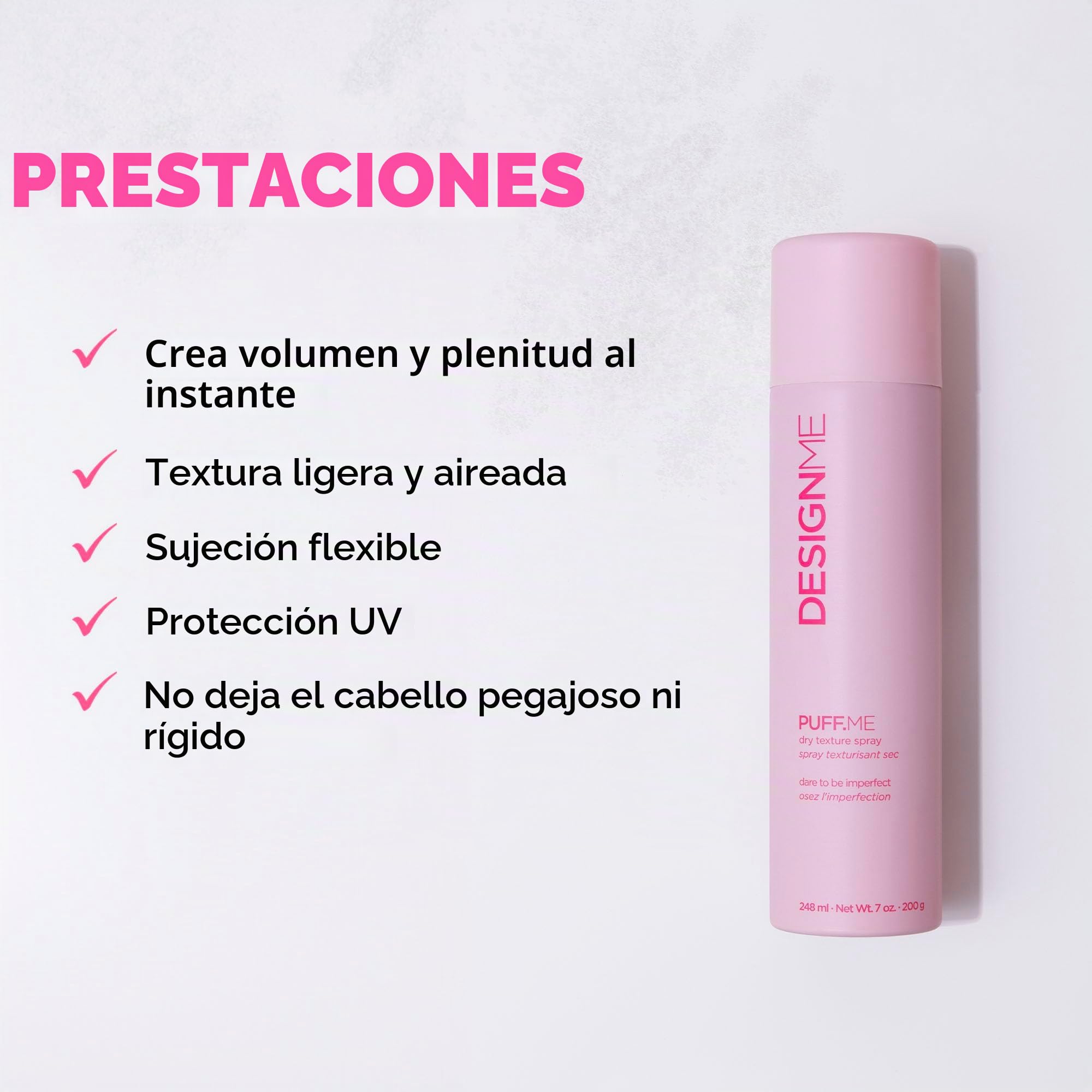 Design.Me PUFF.ME - Spray voluminizador de textura seca para el cabello, laca ligera para cabello liso u ondulado, spray de textura de cabello fino seguro para el color, texturizador de cabello sin
