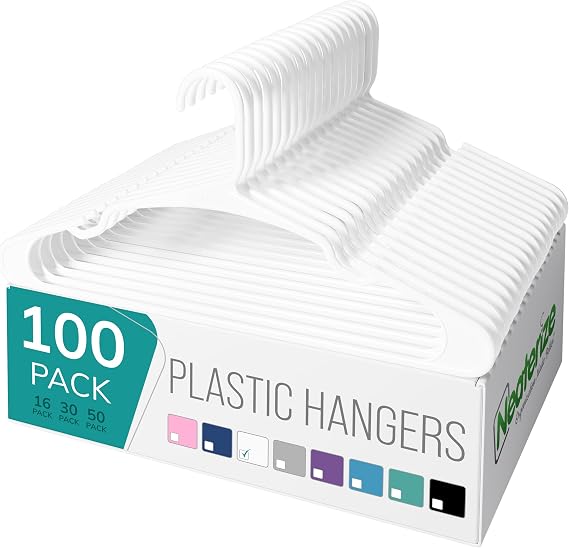 NEATERIZE Clothes Hangers Plastic 100 Pack For Adults - Plastic Hangers, The Perfect Coat Hanger and Space Saving Clothes Hangers for Closet, Percheros Ganchos para Colgar Ropa Hangars - White Hangers