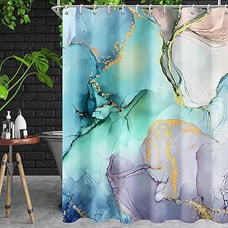 Marble Shower Curtain Abstract Purple Green Marble Shower Curtain Sets Modern Gold Stripes Ombre Marble Bathroom Curtains 72x72 inch with Hooks, Polyester Fabric Waterproof