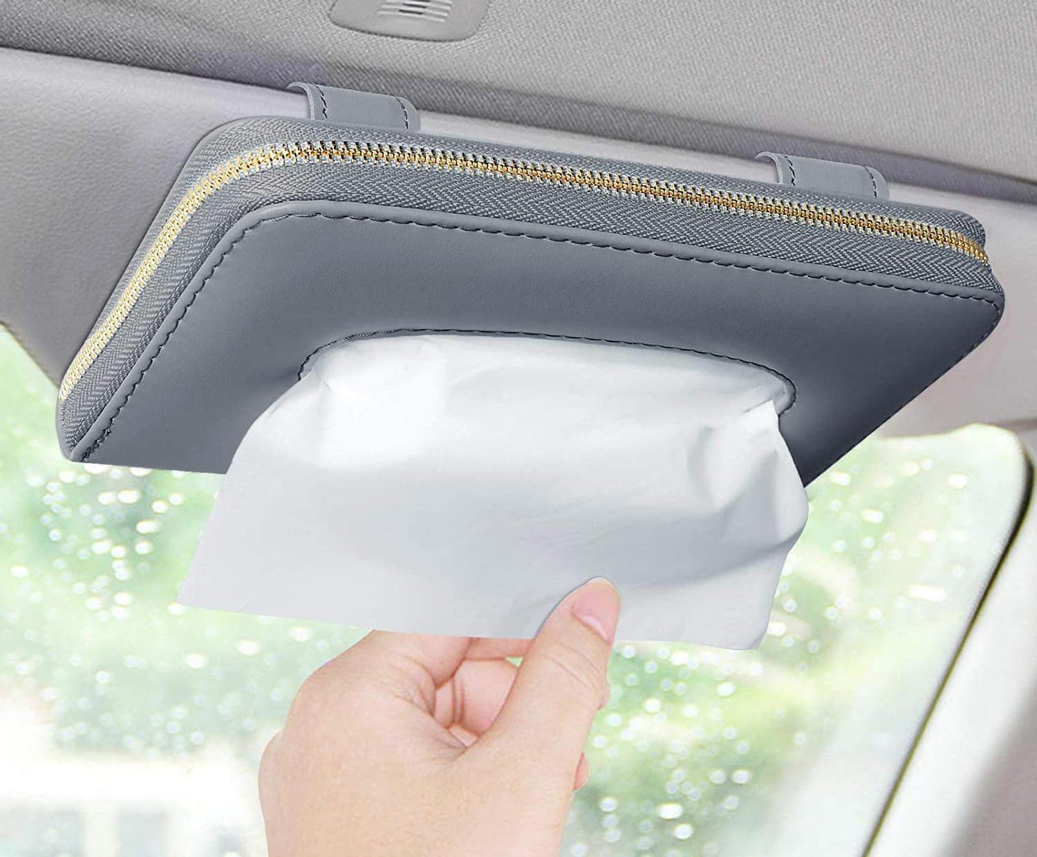 Porte-mouchoirs de voiture gris en cuir pour les trajets en famille