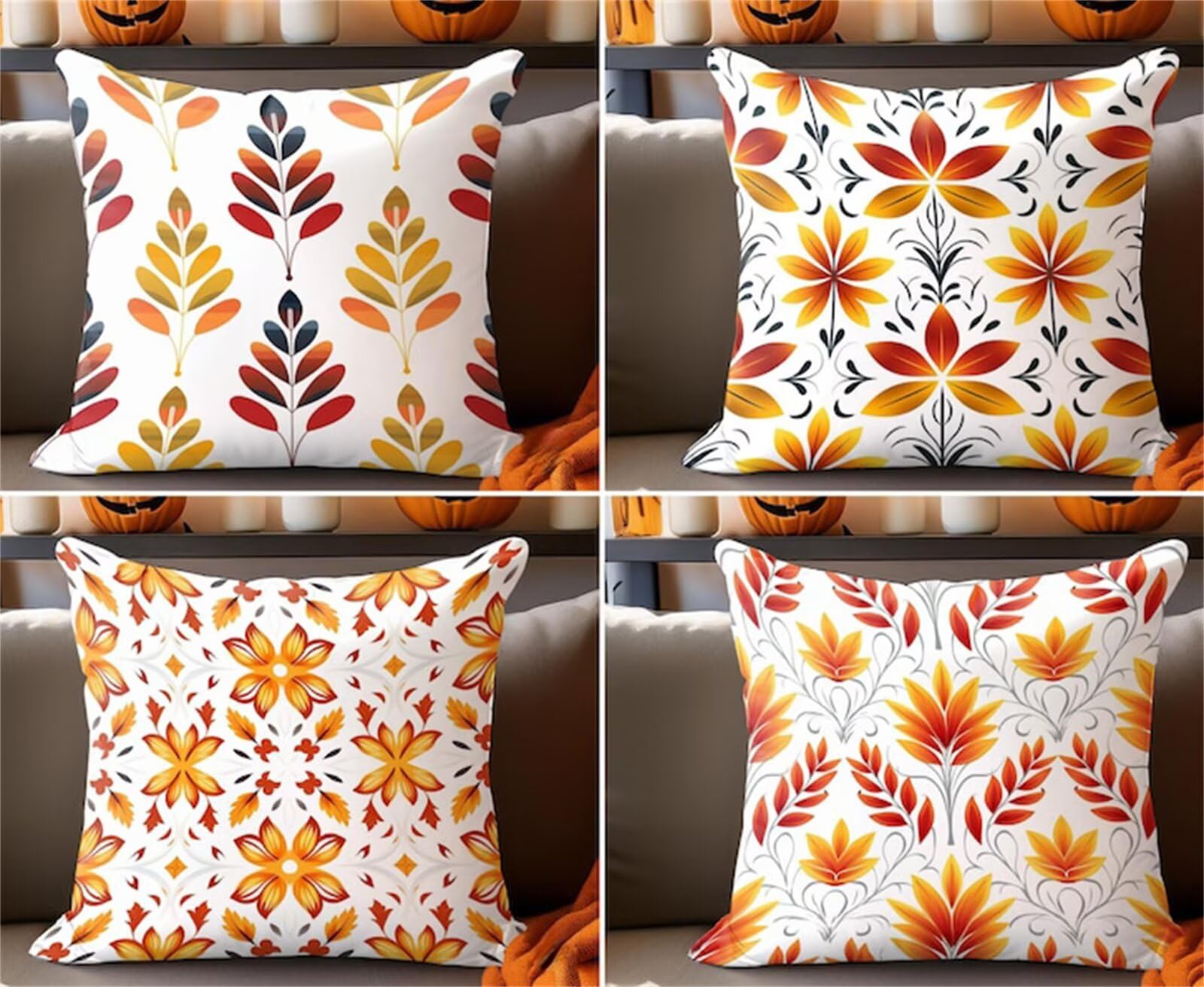 Heaen Outdoor Cushions Covers Waterproof 55x55 cm Set of 4 Square Linen Pillow Cases Yellow Brown Leaves Decorative Dushions for Sofa Porch Patio Home Decor