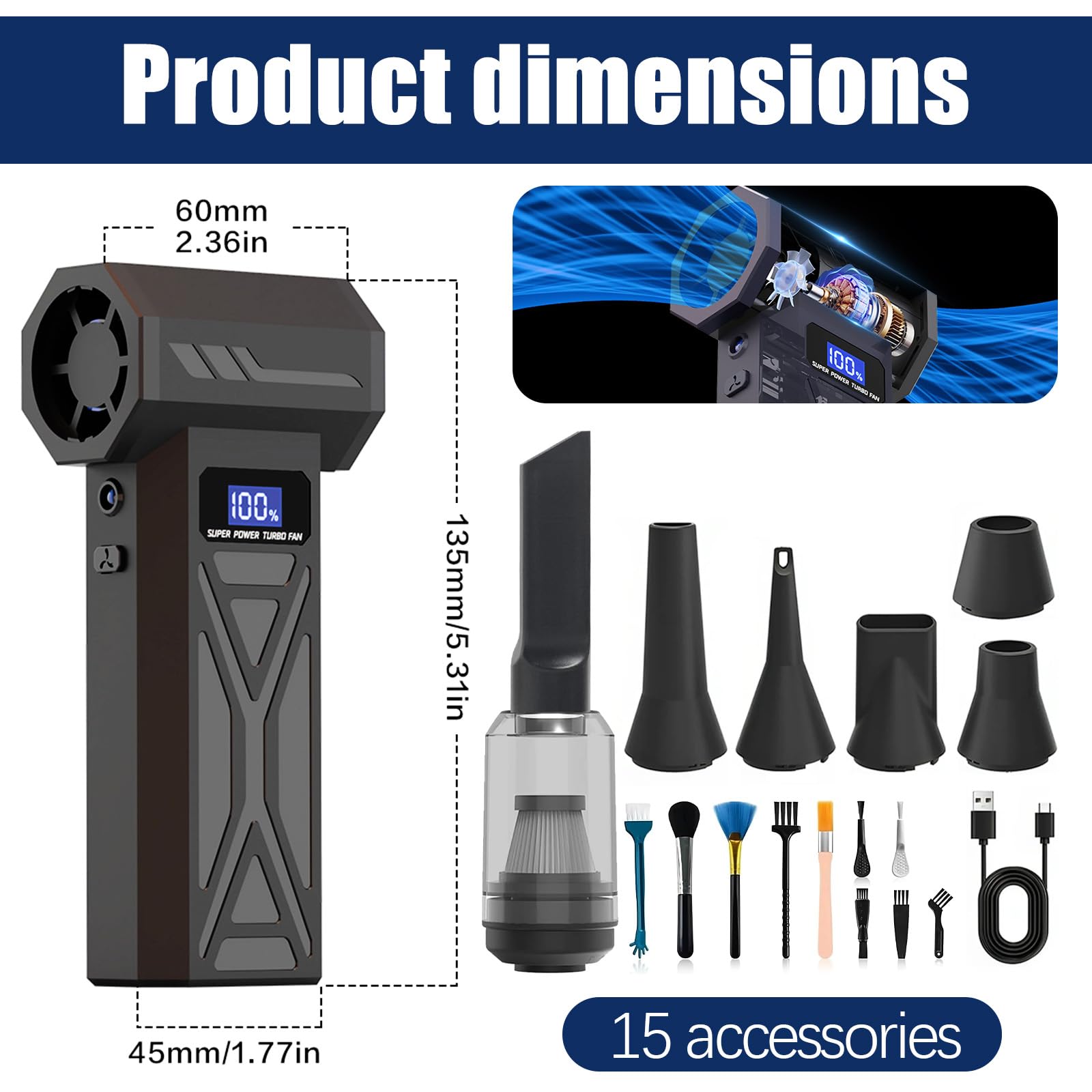 2 en 1 soplador de polvo eléctrico y aspiradora 110.000 rpm, 4 velocidades ajustables, pulverizador de aire comprimido, limpieza de teclado para PC, electrónica, sofá, coche