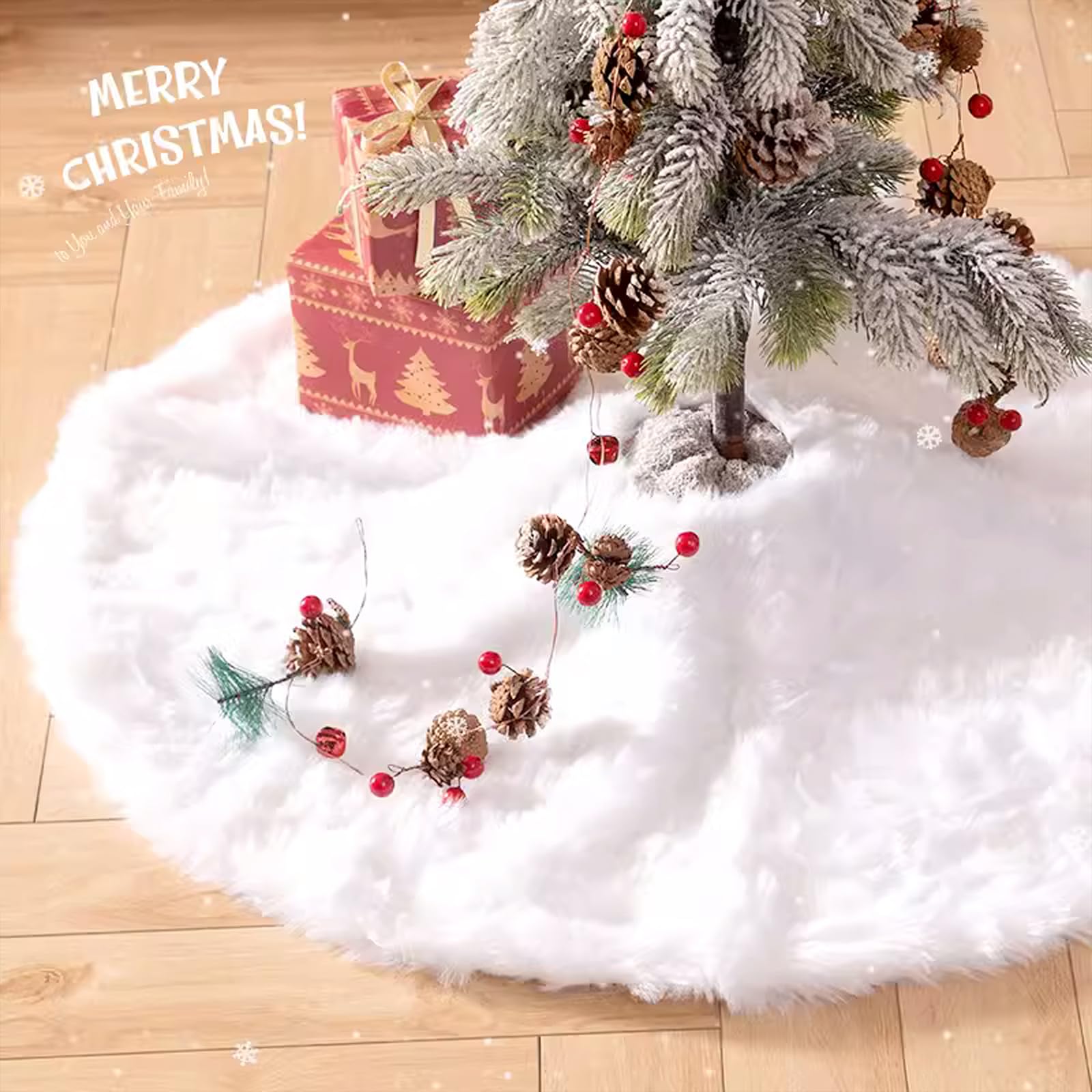Falda Para árbol De Navidad Lanpn - 60 Cm, Piel Sintética Blanca, Con Velcro Y Tubo De Soporte, Fácil De Montar