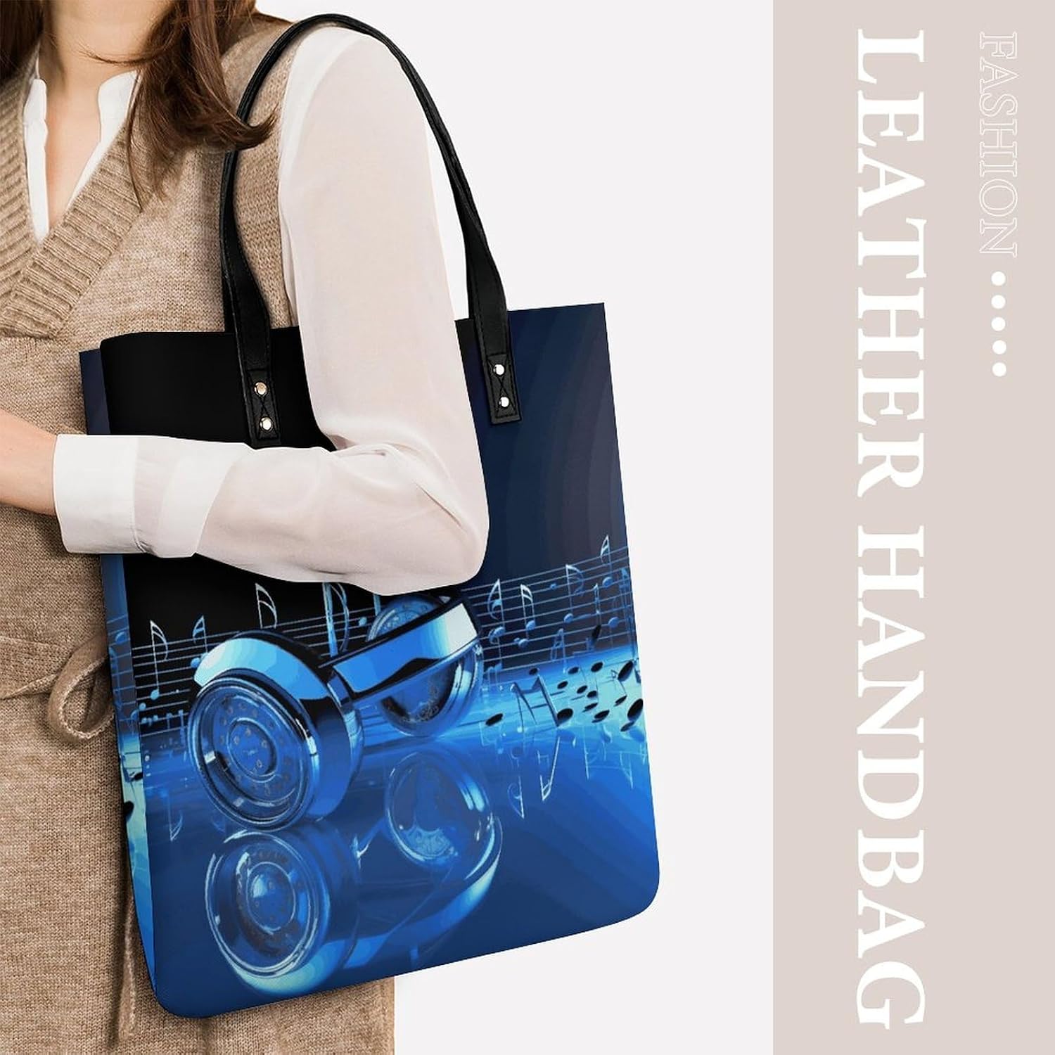Blue Music Tote Bag with Magnetic Buckle Reusable Grocery Bags Lightweight Cross Body Handbag for Daily Essentials