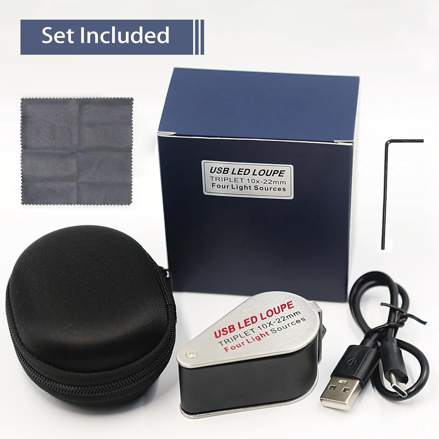 Lupa de joyería recargable por USB con luces UV y LED, cuatro tipos de luz, lupa de ojo iluminada plegable para joyas, piedras preciosas, monedas, sellos, relojes