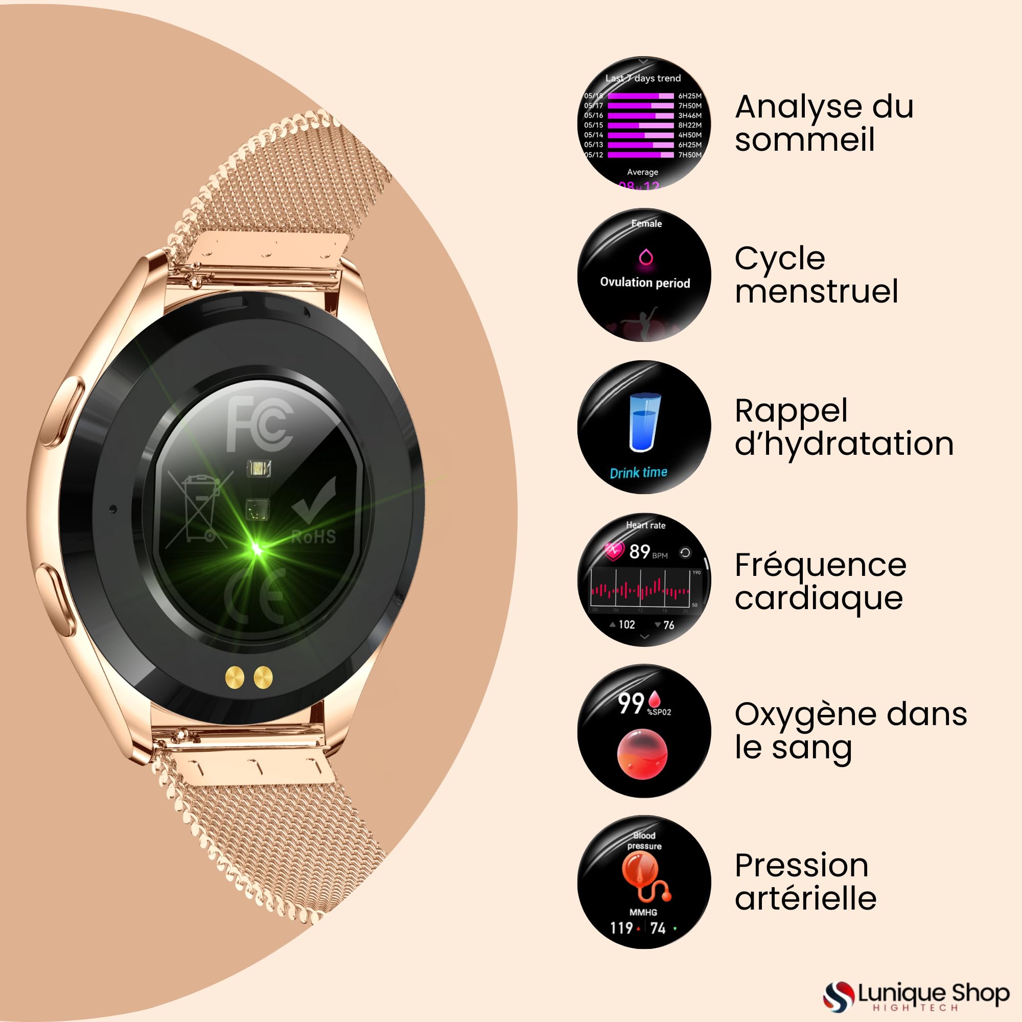 LSWATCH V2 Montre Connectée Femme avec Appel Bluetooth 1.6"- Smartwatch Oxygene Sanguin Tension Fréquence Cardiaque Podomètre Sommeil Météo 2 Bracelets Intelligent iOS Android +100 Sport