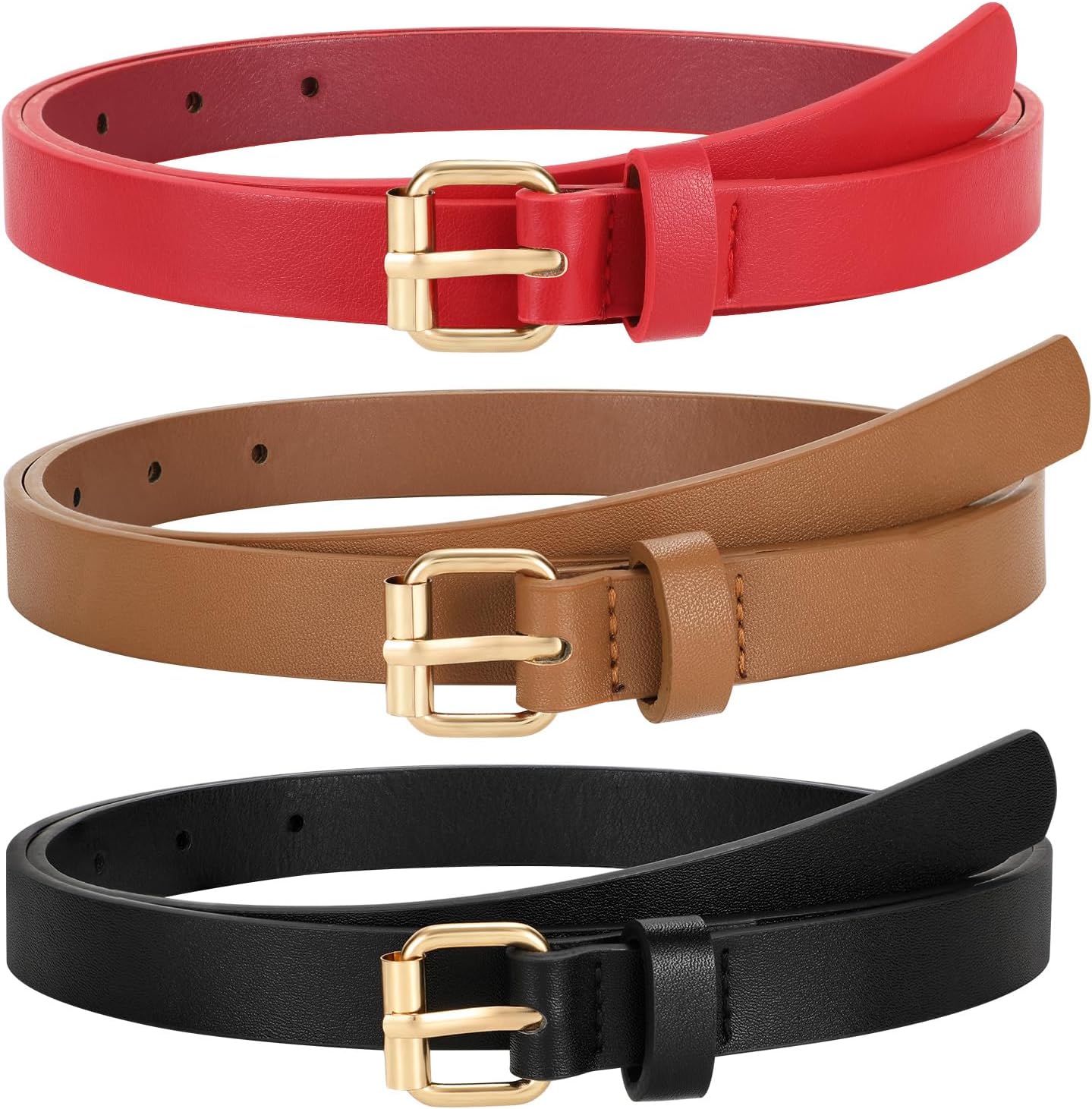 TRIWORKS 3 Pack Women Skinny Leather Belt for Jeans Pants Dress Ladies Thin Waist Belt with Gold Buckle