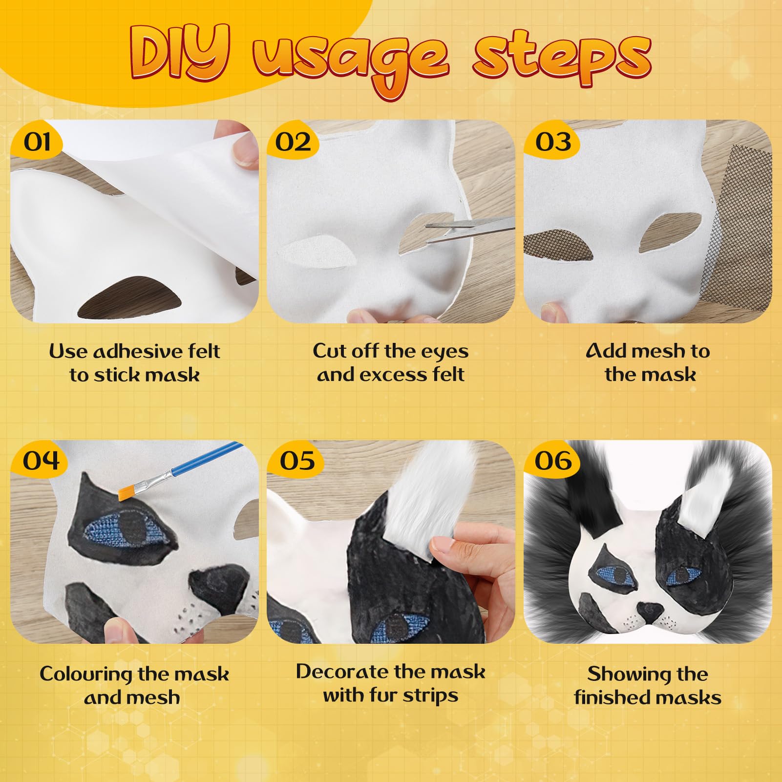 Maschera Therian, Kit Maschera Gatto Therian da 23 Pezzi, Maschera Pelosa, Maschera Gatto, Foglio di Tessuto in Feltro Autoadesivo 5 Colori con 4 Pezzi Retine per Occhi per Halloween Mascherata