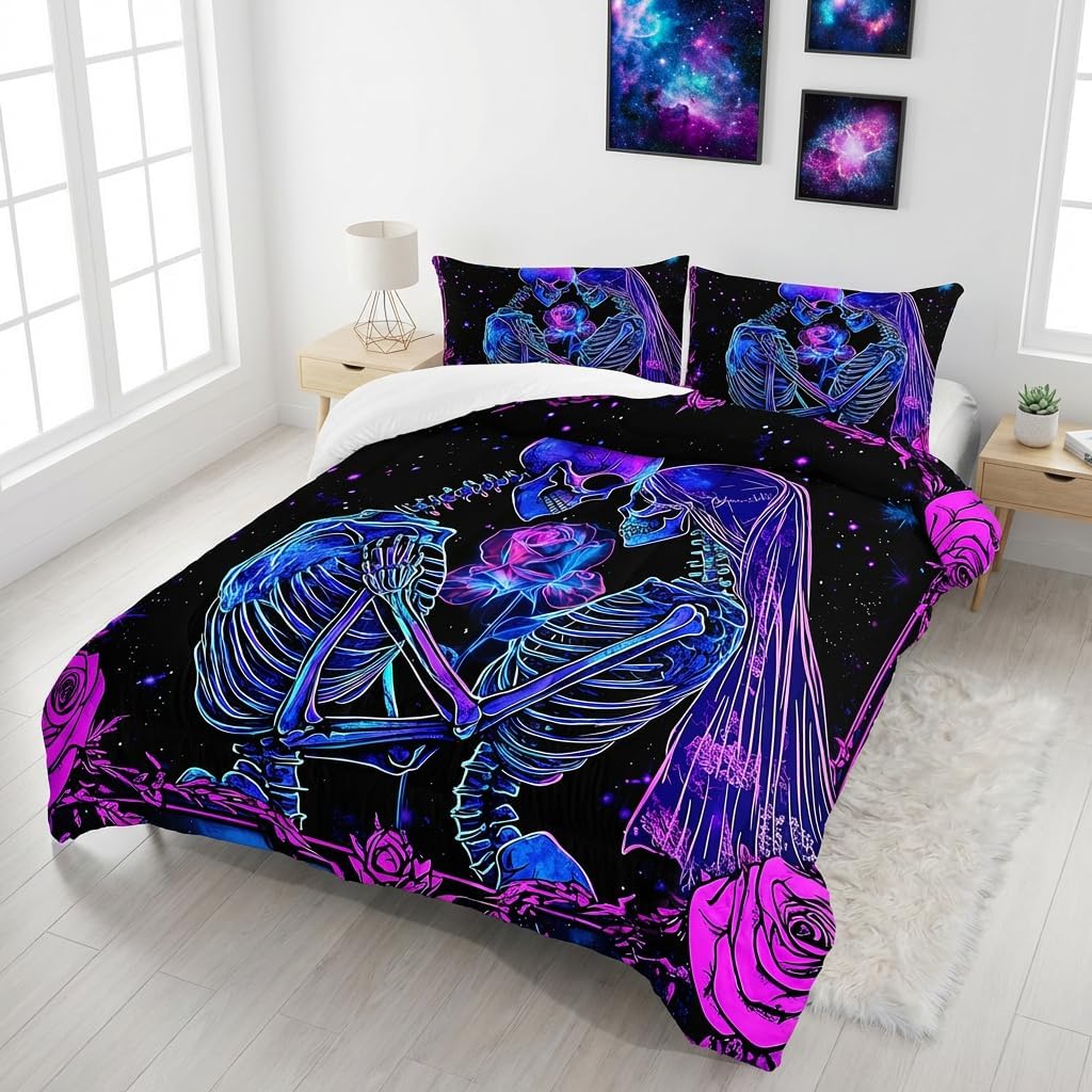 AILONEN Skull Comforter Set Queen Size, Gothic Neon Bedding Set for Lover Couple Bridal,Human Skeleton Couple Print Duvet Set for Bedroom Decor,1 Quilt + 2 Pillowcases,3-Pieces