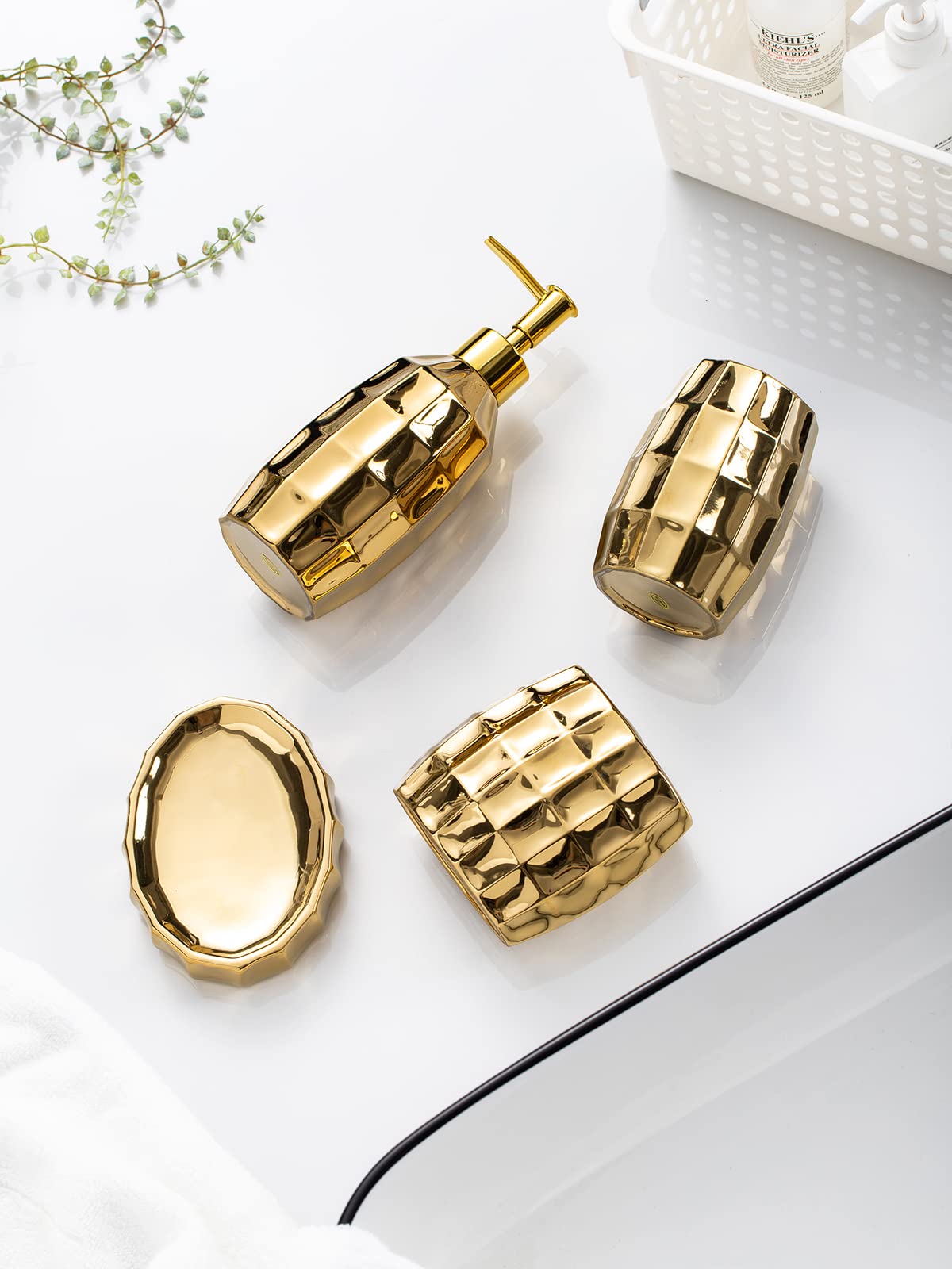 Juego de Accesorios de baño, Juego de Accesorios de baño de cerámica con Mosaico Dorado Que Incluye dispensador de loción, Vaso para Cepillo de Dientes y jabonera