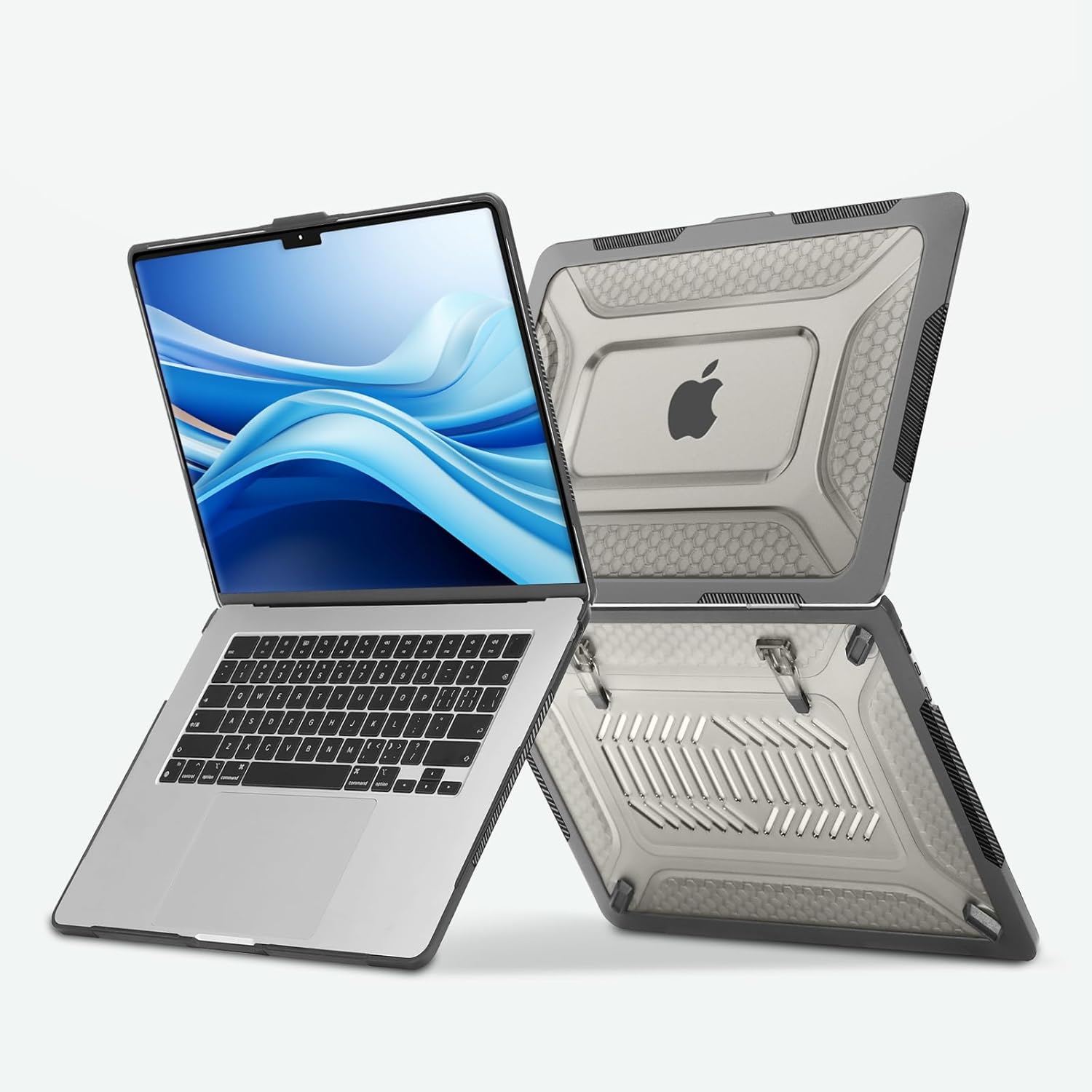 MOSISO Compatible with MacBook Air 15 inch Case 2024 2023 Release M3 A3114 M2 A2941, Honeycomb Heavy Duty TPU Bumper Plastic Hard Shell Case with Fold Kickstand & Keyboard Cover&Laptop Sleeve, Black