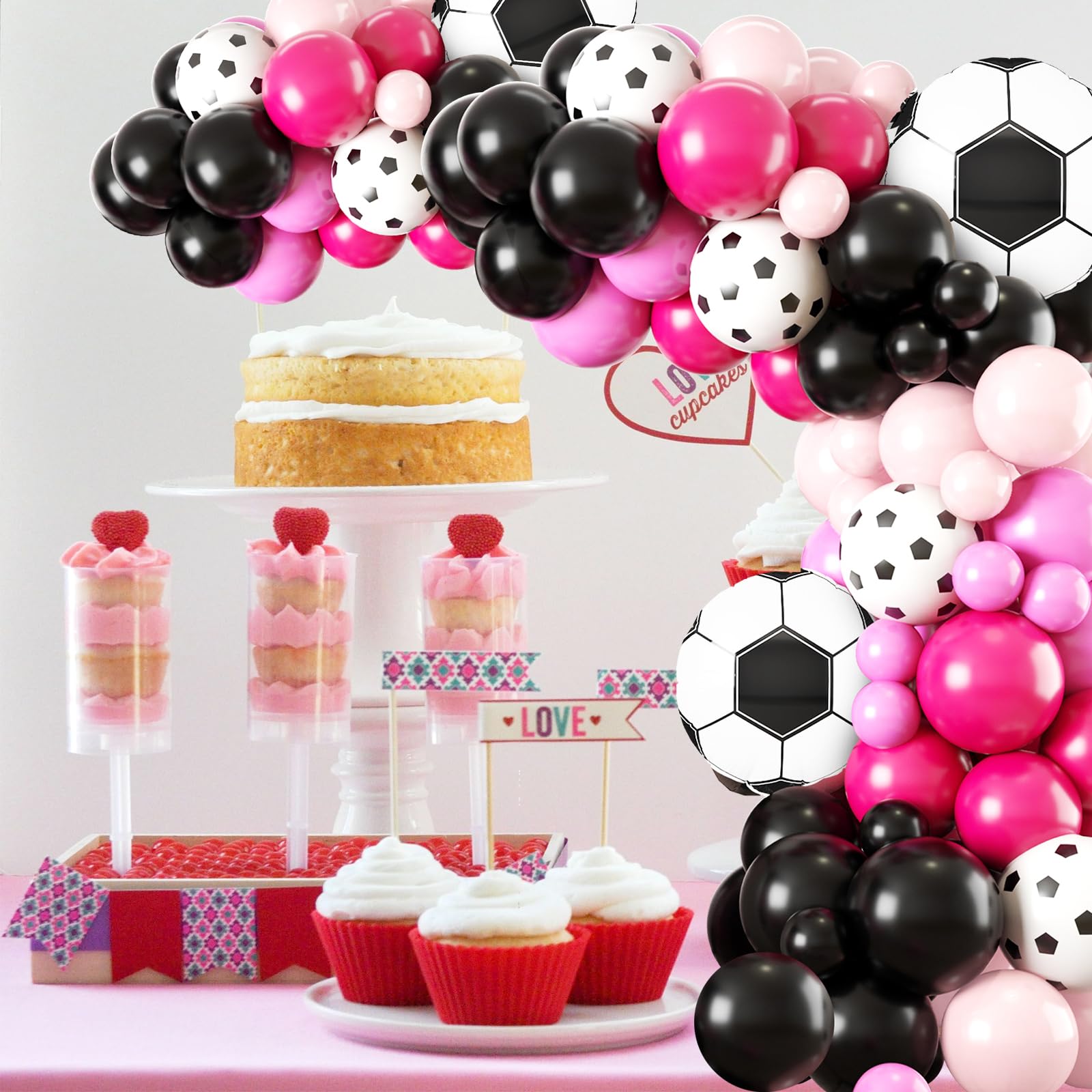 Fussball Luftballon Girlande, Schwarz Rosa Hot Pinke Ballon mit 4D Fußball Folienballons,Fussball Deko Geburtstag Mädchen, Rosa Luftballon Girlande for Fussball Geburtstag Party Dekoration