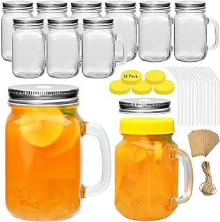 QAPPDA Mason Jars with Handle, Glass Mugs with Straws and Sliver Lids 12 Pack,16oz Drinking Jars,Smoothie Cups for Juice,Coffee,Iced Tea and Lemonade