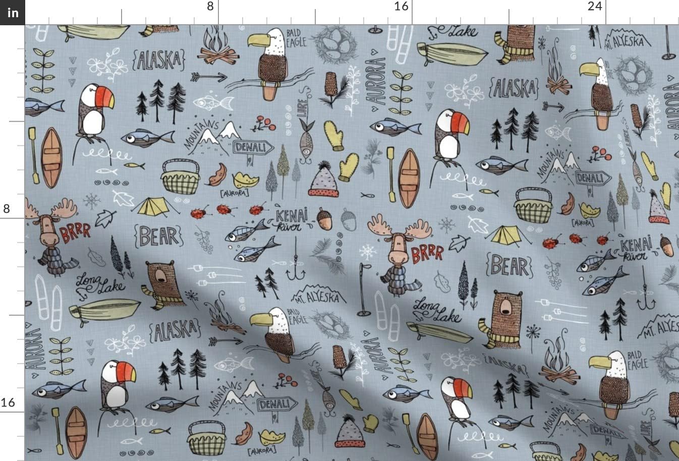 Spoonflower Fabric - Alaskan Adventure Blue Alaska Bear Moose Fishing Camping Printed on Minky Fabric by The Yard - Sewing Baby Blankets Quilt Backing Plush