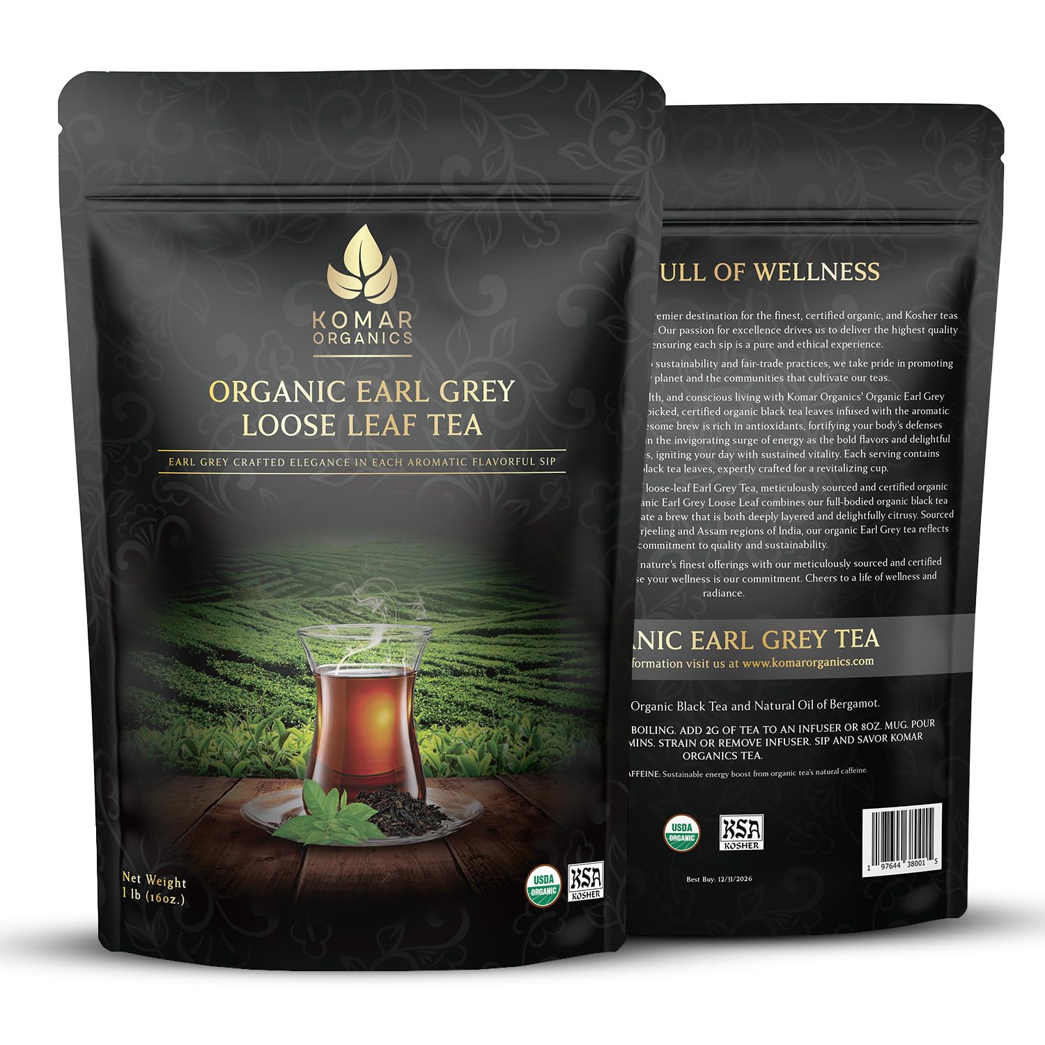 Komar Organics Earl Grey Tea Loose Leaf - 16 Oz USDA Organic, Certified Kosher 1 LB Black Tea Infused With Natural Oil and Bergamot