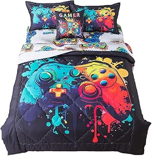 Game Comforter Sets for Boys Kids 6 Piece Gaming Bedding Set Twin Size Colorful Video Game Controller Printed Bed in A Bag Comforter with Gaming Sheets Soft Microfiber Home Decor