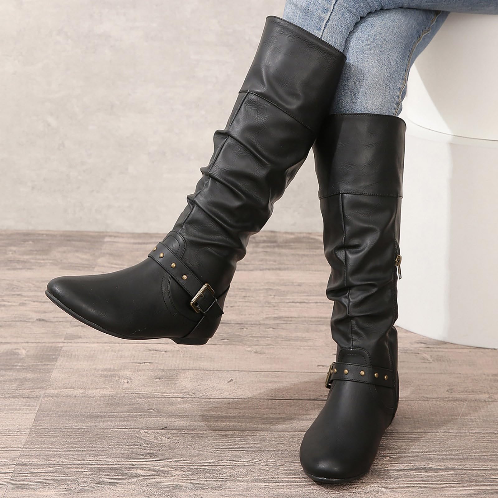 Botas de Invierno Mujer Botas hasta la Rodilla de Cuero Color sólido para Mujer, Moda con Hebilla cinturón y Manga Redonda Negra versátil