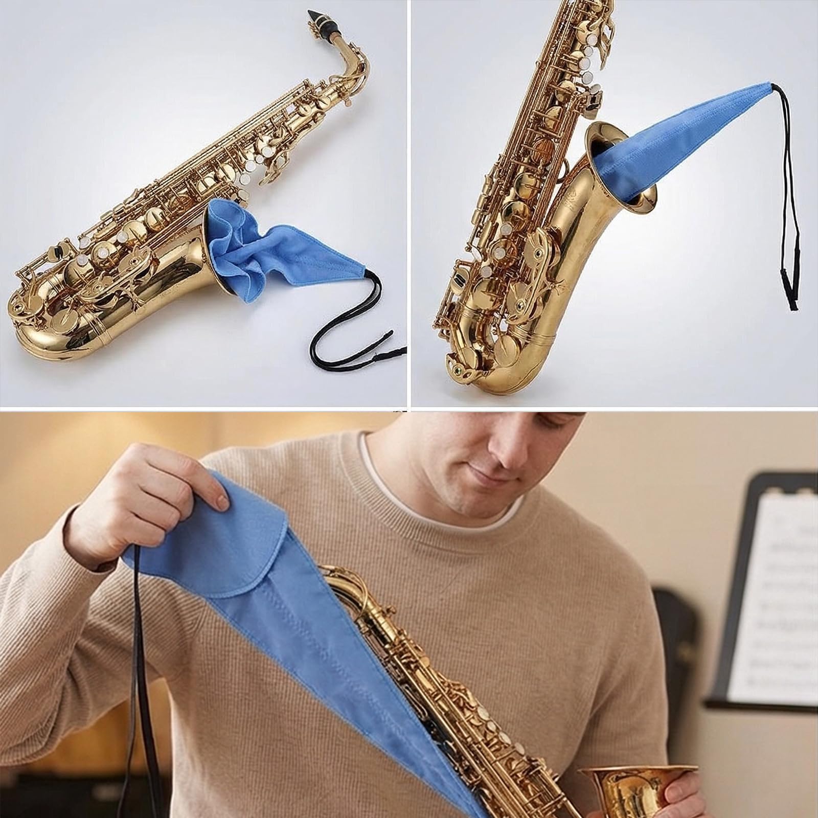 Kit d'Entretien pour Saxophone et Instruments à Vent, Lot de 2 Chiffons de Nettoyage Microfibre et Nylon Bleu, Forte Absorption d'Eau avec Corde et Pendentif en Métal pour Saxophone, Clarinette et Flû