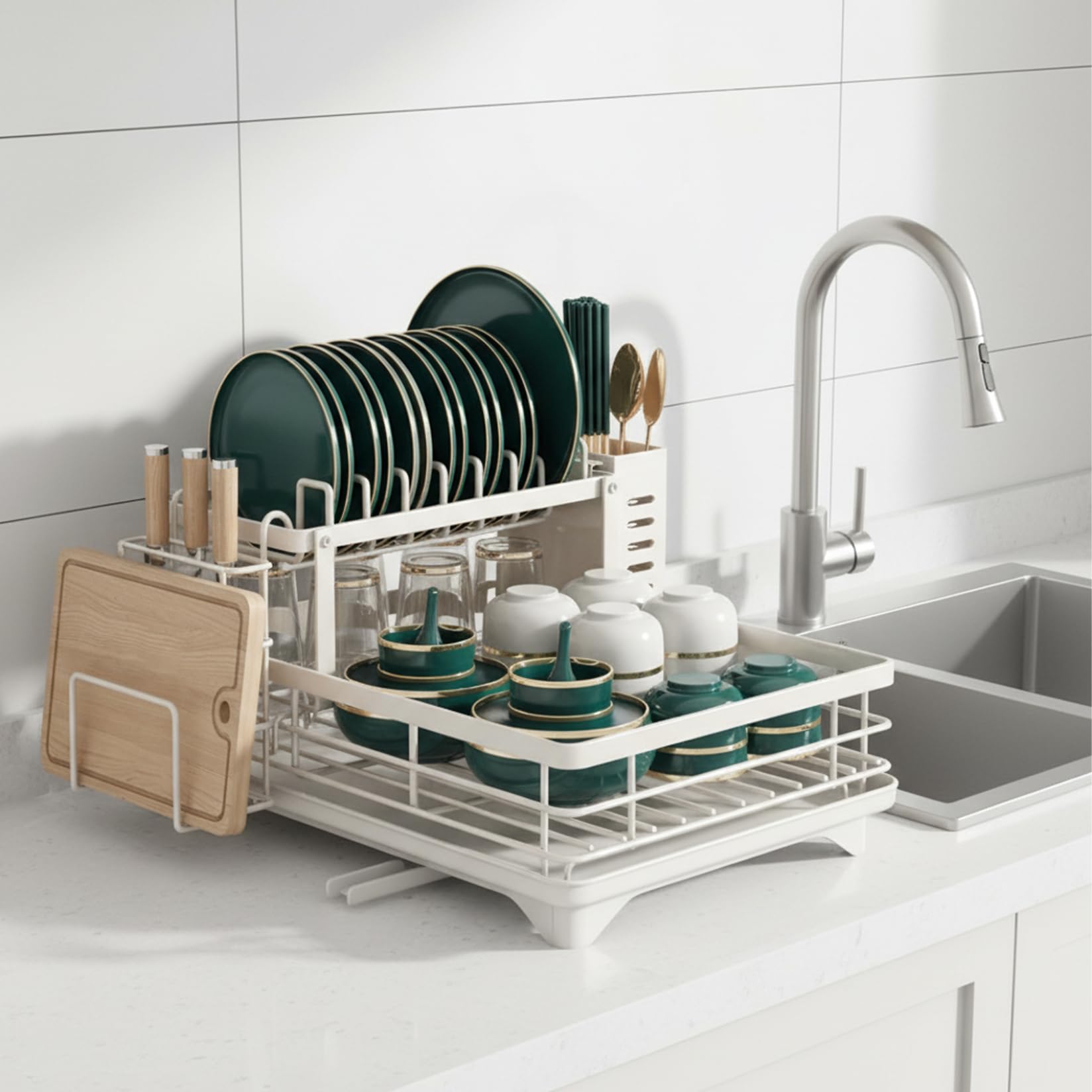 Égouttoir à Vaisselle à 2 Niveaux, Grand égouttoir Vaisselle en Acier au Carbone Blanc avec Porte-ustensiles, de Cuisine Multifonction Amovible pour Bol, Tasse, Couteaux, Planche, pour