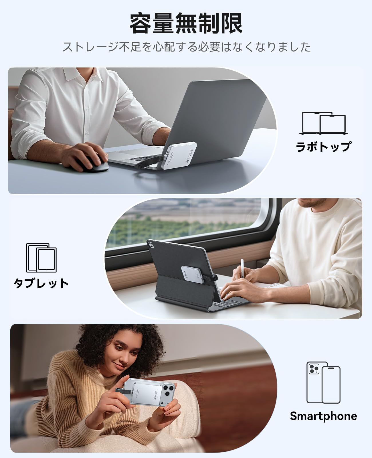 ORICO 1TB 外付けSSD マグネット式 iPhone 17/16 Pro Max対応 USB3.2 Gen1 最大460MB/s USB-C/A 両用ケーブル 磁着デザイン アルミ合金 タブレット・PC・スマホ用ポータブルストレージ - K5Mini - 3