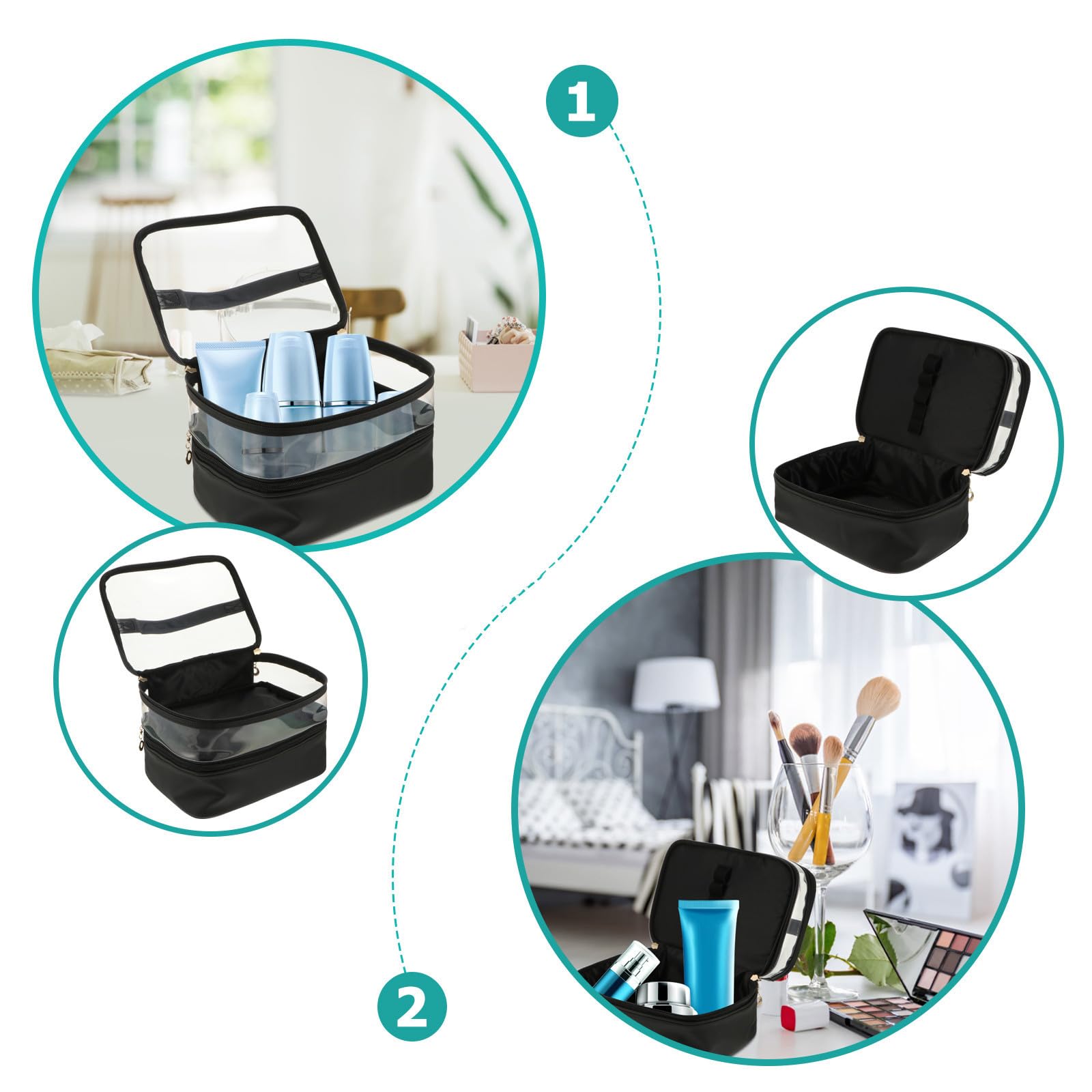 Lurrose Borsa Cosmetica Borsa da Toilette da Viaggio Doppio Strato in Pu e Plastica, Grande Capacità, Nera, per Viaggi di Lavoro e Uso Familiare