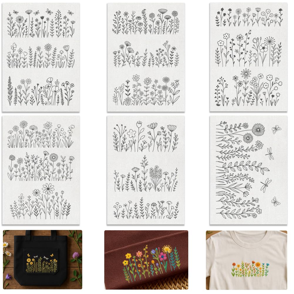 DOODLREAM 16Pcs Wildflowers Water Soluble Hand Sewing Stabilizers, 21 x 29.7cm Flower Cluster Embroidery Pattern Stabilizer, 6 Sheets Floral Stick and Stitch Embroidery Paper Sticker