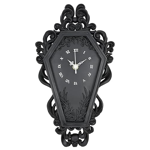 Dravira Coffin Wall Clock - Gothic Home Decor - Baroque Black Resin - Steampunk Skull - Medium Size - AA Battery NOT Included