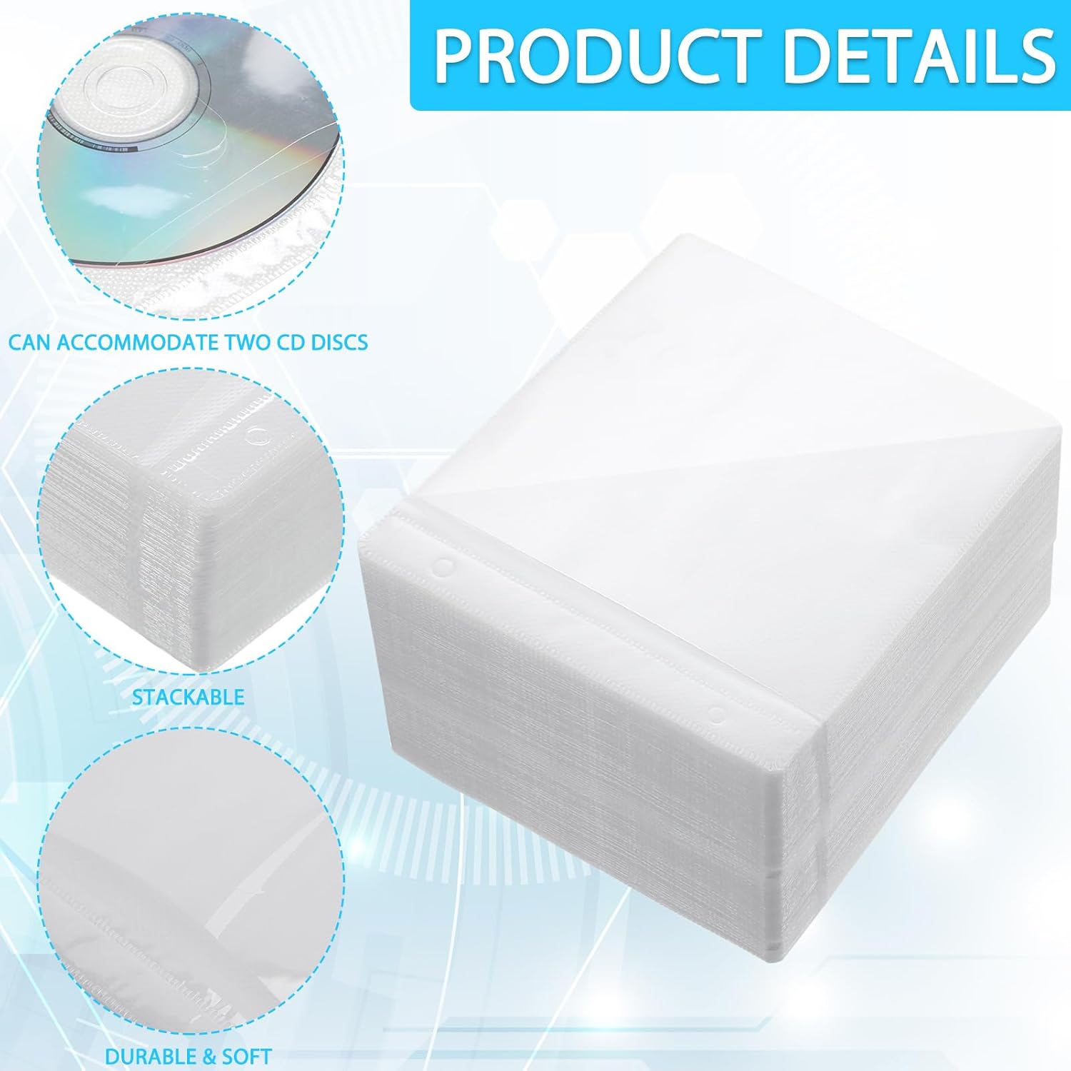 Kanayu 600 Pcs Two-Sided Plastic CD DVD Sleeves White/Black Clear Disc Envelope Non-Scratch Standard Blu-ray Storage Durable Cover Cases with Hole for Blank Storage Binders(White)
