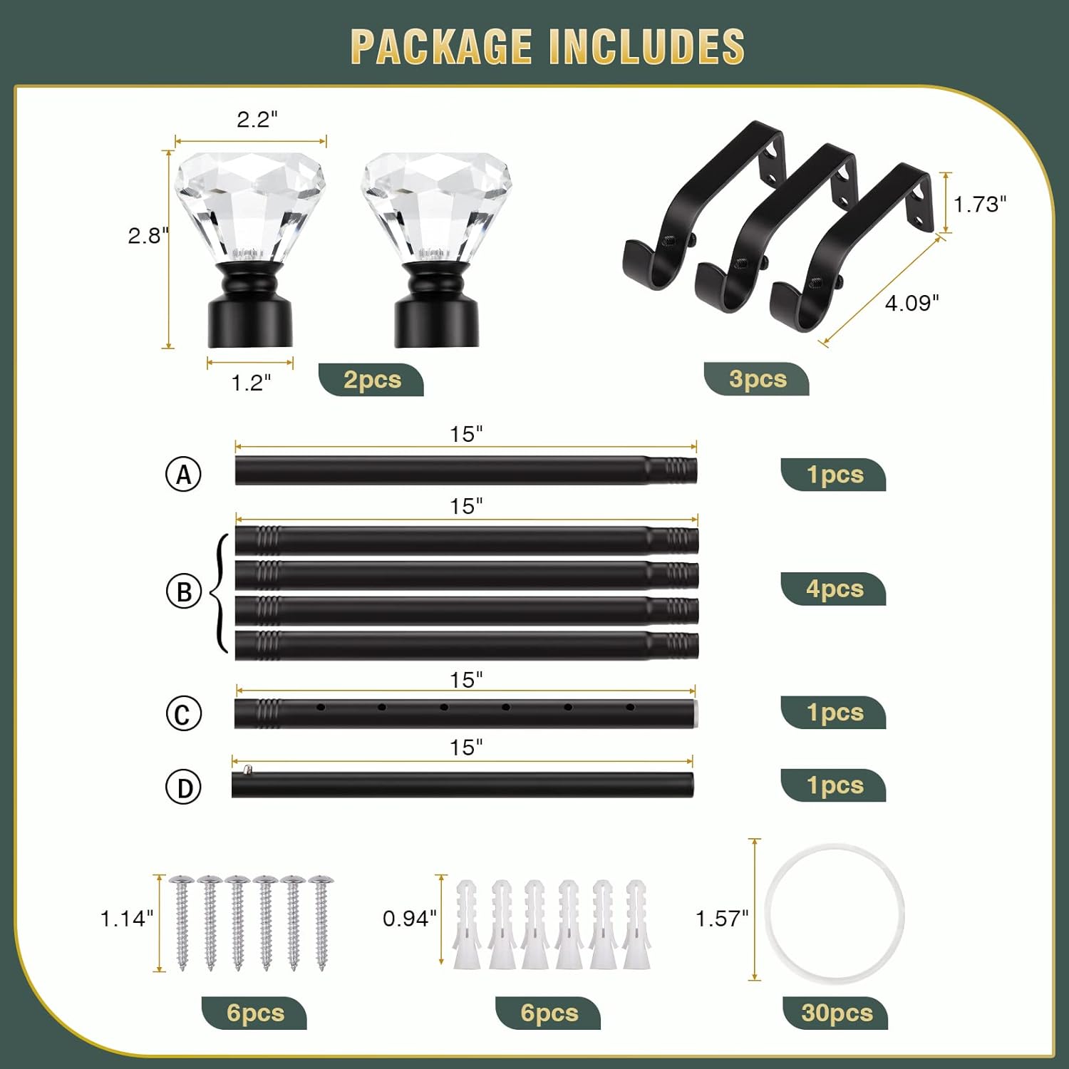 2 Pack Curtain Rods for Windows 30 to 95 Inches（2.5-7.3 Feet）, 1 Inch Diameter Adjustable Single Window Rod, Decorative Drapery Rods, Crystal Diamond Finials, Black