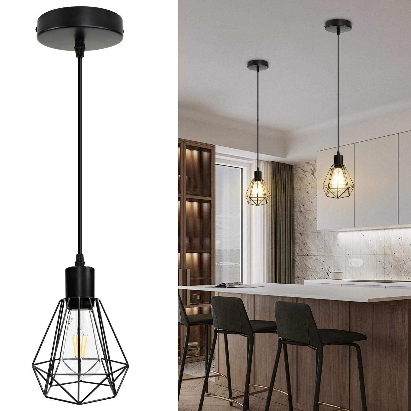 HiBay 2 Packs Pendant Light Height Adjustable, E27 Ceiling Lights Metal Hanging Lights for Kitchen Island Bedroom, Living Room