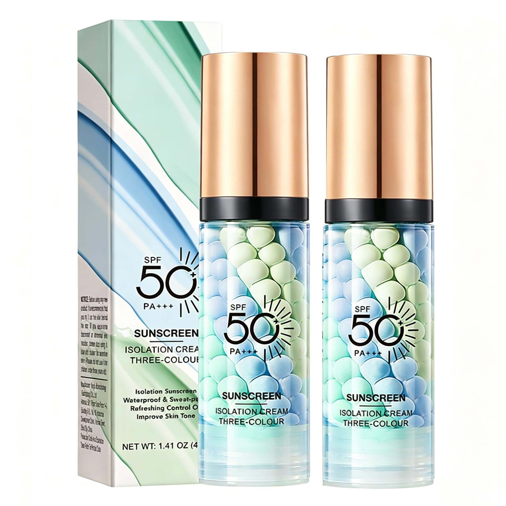 Color Correcting Facial Serum,2 Packs SPF 50 PA+++ Face Sunscreen Isolation Cream, 3 In 1 Moisturizing Essence Concealer Foundation Makeup Primer for Face