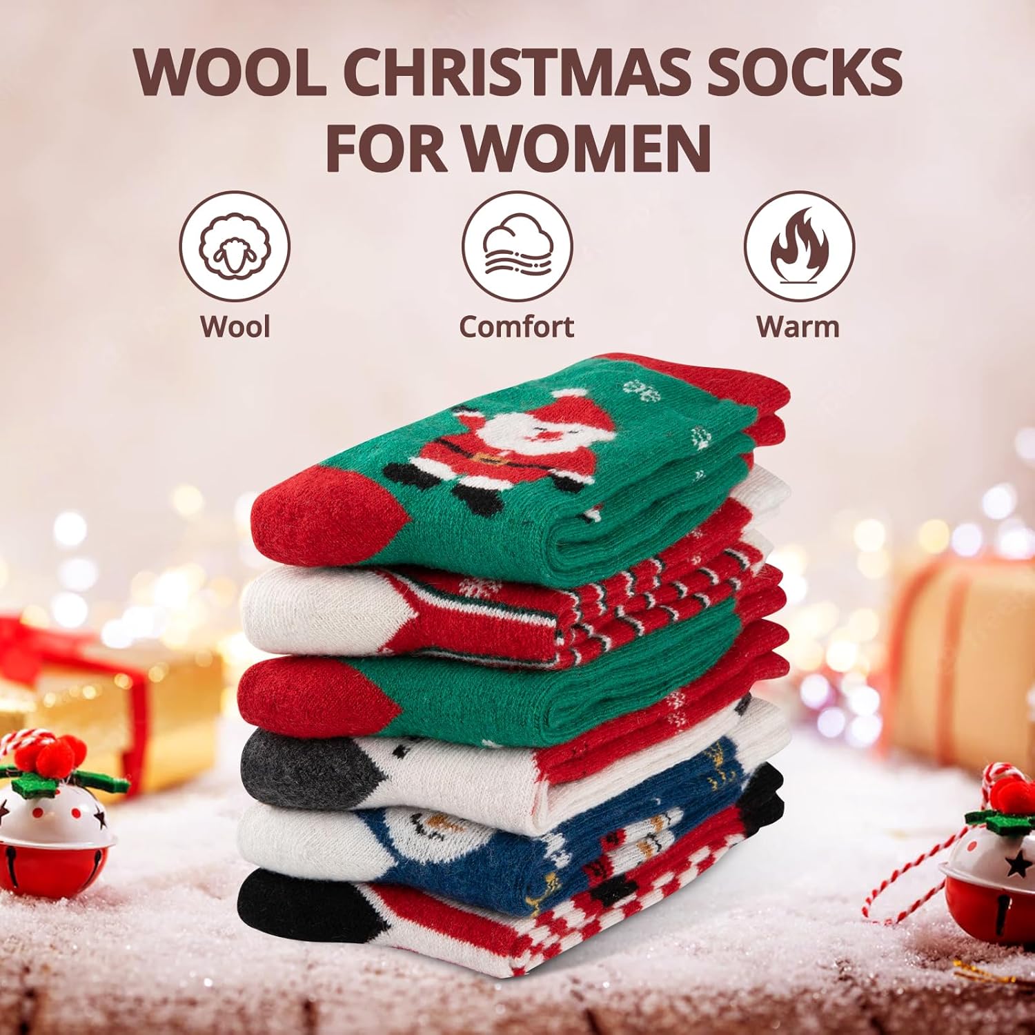 eallco Christmas Socks for Women Funny Cute Wool Socks Crew Novelty Socks Xmas Christmas Gift 6 Pairs - Image 4
