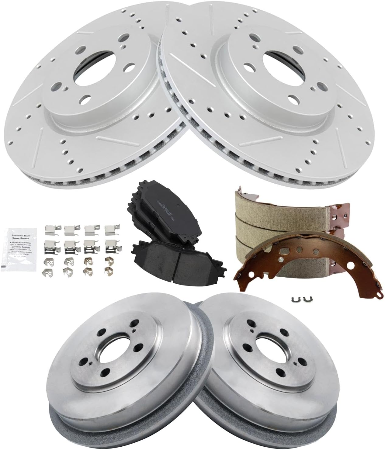 TRQ Front & Rear Brake Pad & Rotor Kit Premium G-Coated Ceramic Performance Slotted X Drilled Compatible with 2008-2014 Scion xD