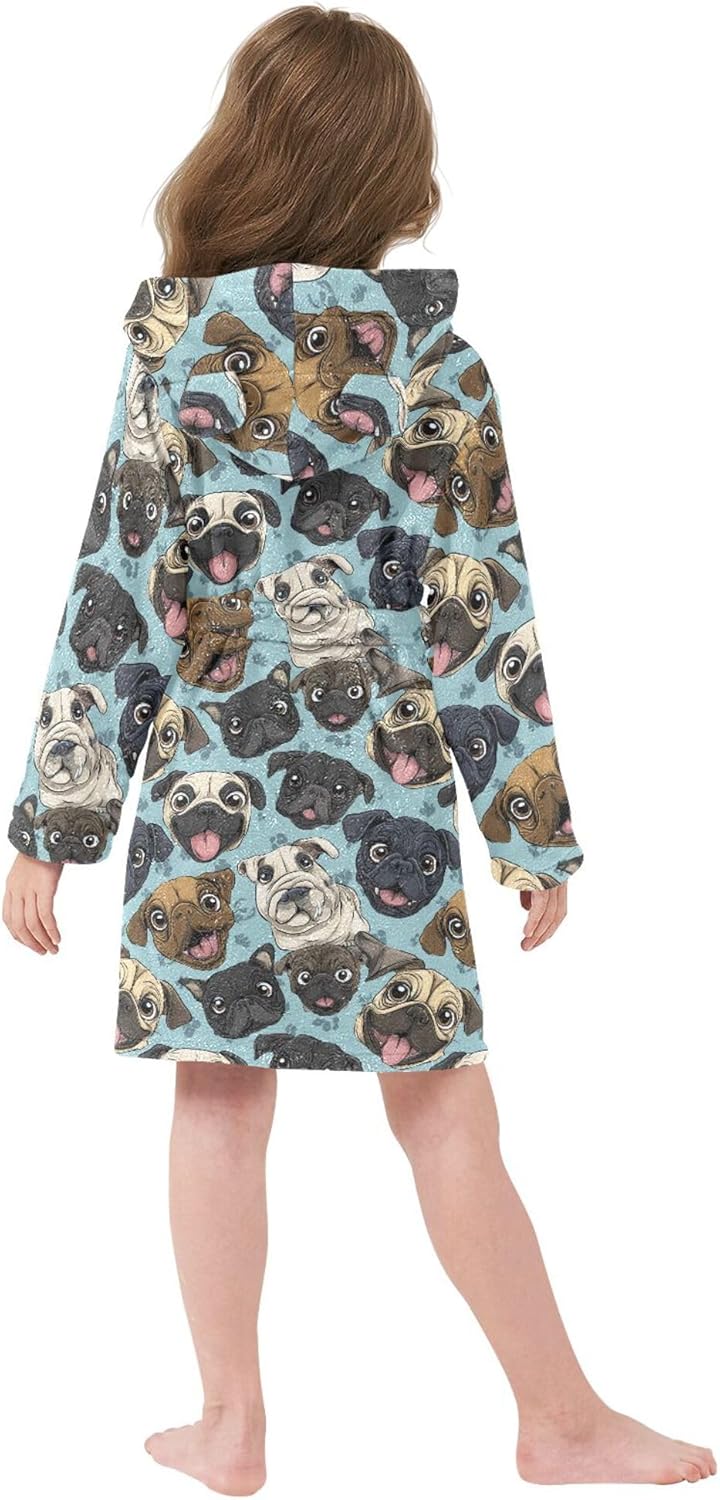 Funny Pug Dogs Bathrobe Hooded PJ Robe Soft Fleece Robe Pajama Sleepwear 2-12 Years