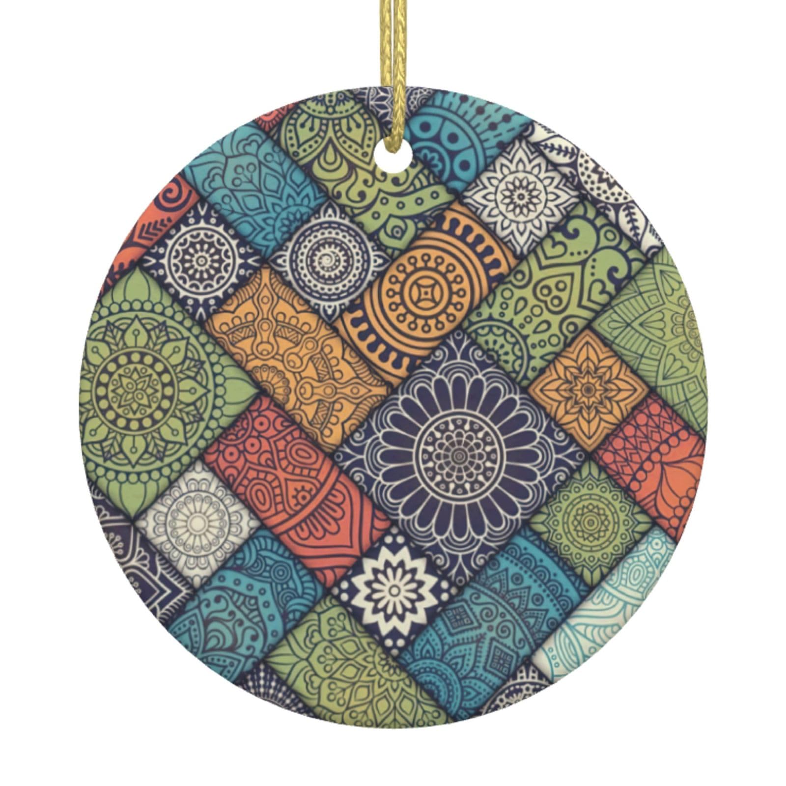 Background Geometry Print Christmas Ornaments, Ceramic Hanging Ornament, Round Shape Decorations
