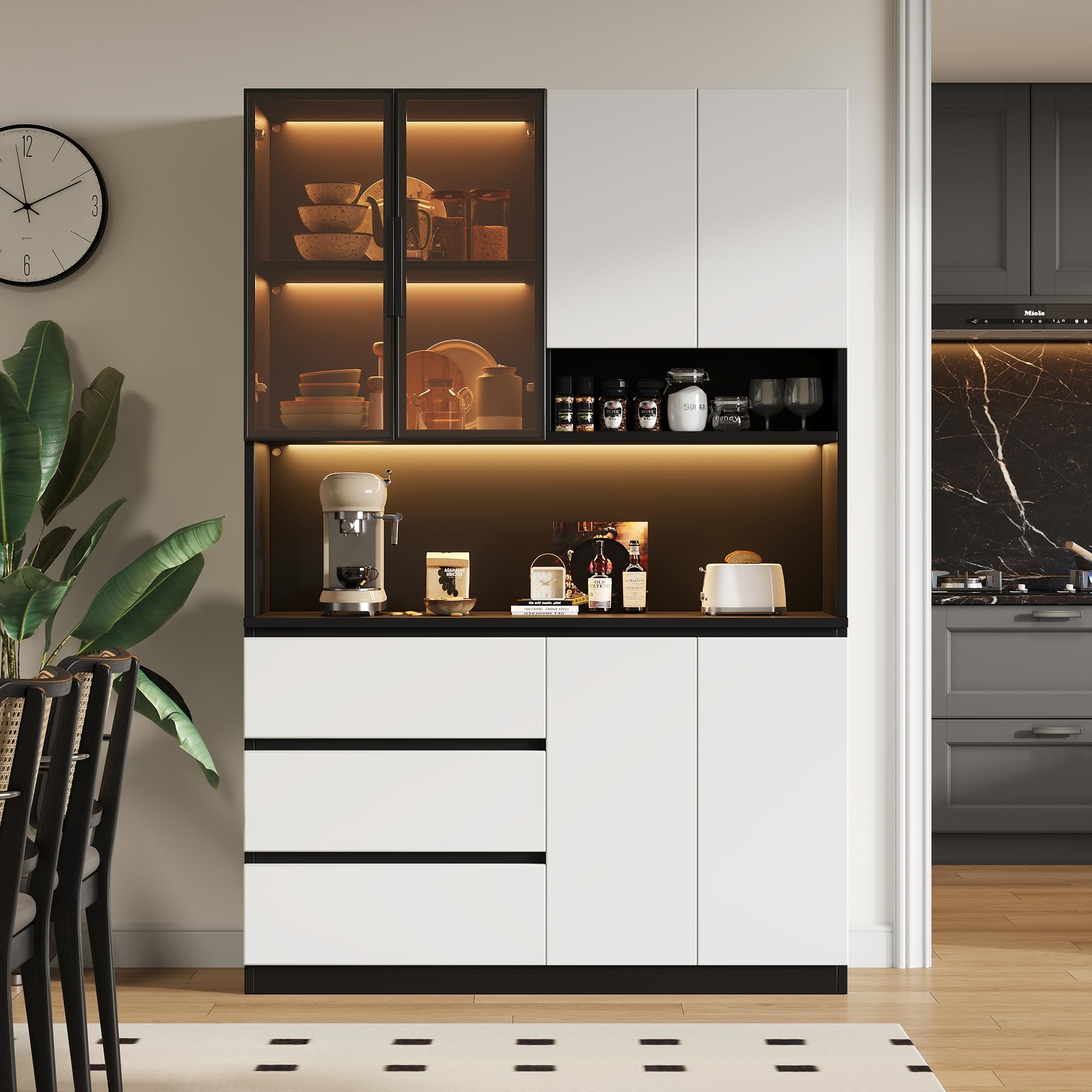 Armadi da cucina, vetrine da cucina, armadietti multifunzionali con 3 cassetti, 6 ante e ripiani per riporre stoviglie, forno a microonde, L 120,5 x P 40 x H 180 cm (bianco + nero)