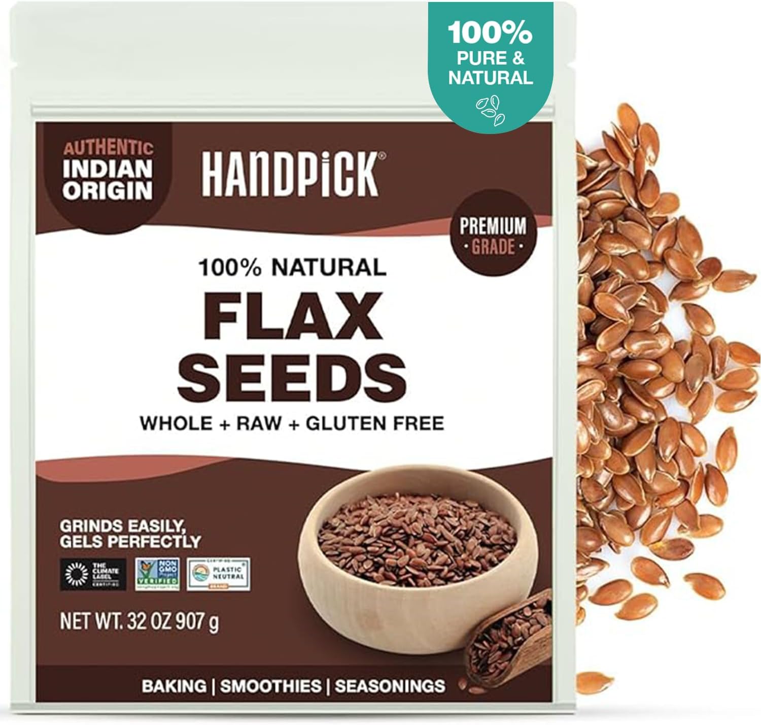 HANDPICK Flax Seeds (2 lb) Gluten Free Brown Seeds, 100% Pure, Non-GMO | Nutty & Earthy |Grinds Easily, Gels Perfectly for Meal |Sourced from India |For Baking, Smoothies, Toppings |Resealable Pouch