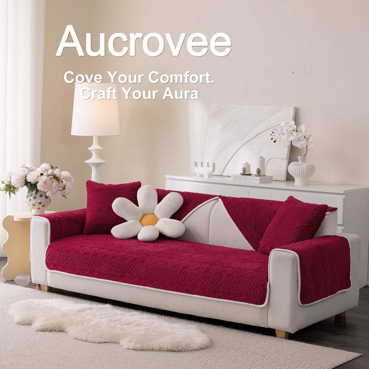 Soft Plush Couch Cover, Non Slip Fluffy Sectional Sofa Covers for 3 Cushion Couch Sofa L Sharped Sofa Slipcover for Pets, Furniture Protector (1 PCS 36"x70" Red)