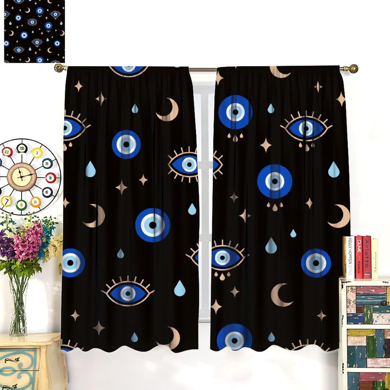 Evil Eye Window Curtains,Boho Style Semi Blackout Window Treatments for Living Room Bedroom Kitchen,2 Panels Set,Total Size 42 x 45 Inch