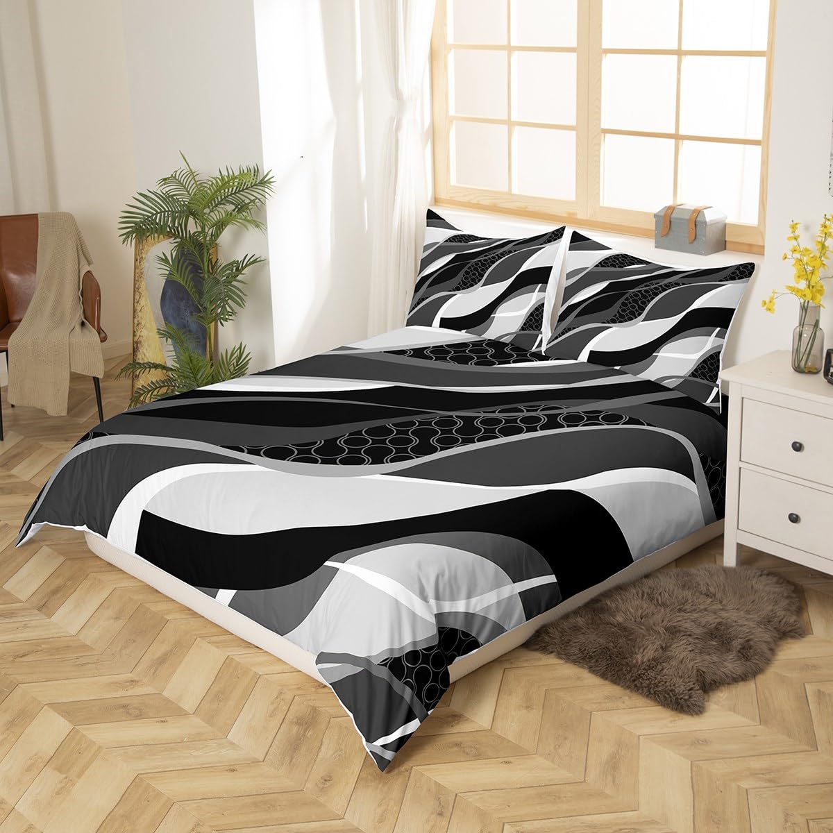 Black Grey Duvet Cover Set Double Size, Abstract Wavy Stripe Circle Comforter Cover with 2 Pillowcases - Image 2