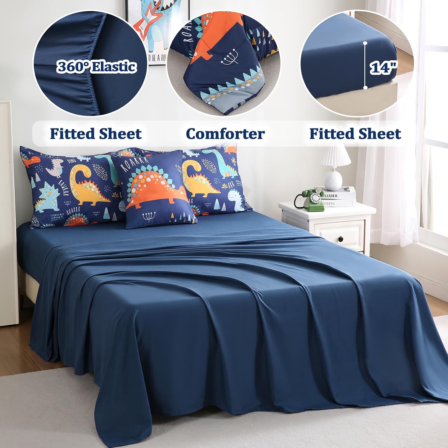 6 Pcs Bed in A Bag Full Comforter Set for Boys Girls, Dinosaur Comforter, Dinosaur Bedding Sets with Sheets for Kids