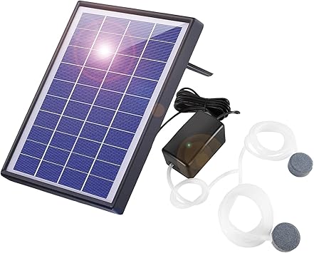 Image KOCAN 6W Solar Oxygen Pump Fish Tank Oxygenator Aquarium Oxygen Aerator Air Pump Fishing Aerator with Pipe 2 Air Bubble Stones for Garden Fish Tank Outdoor Pool Pond