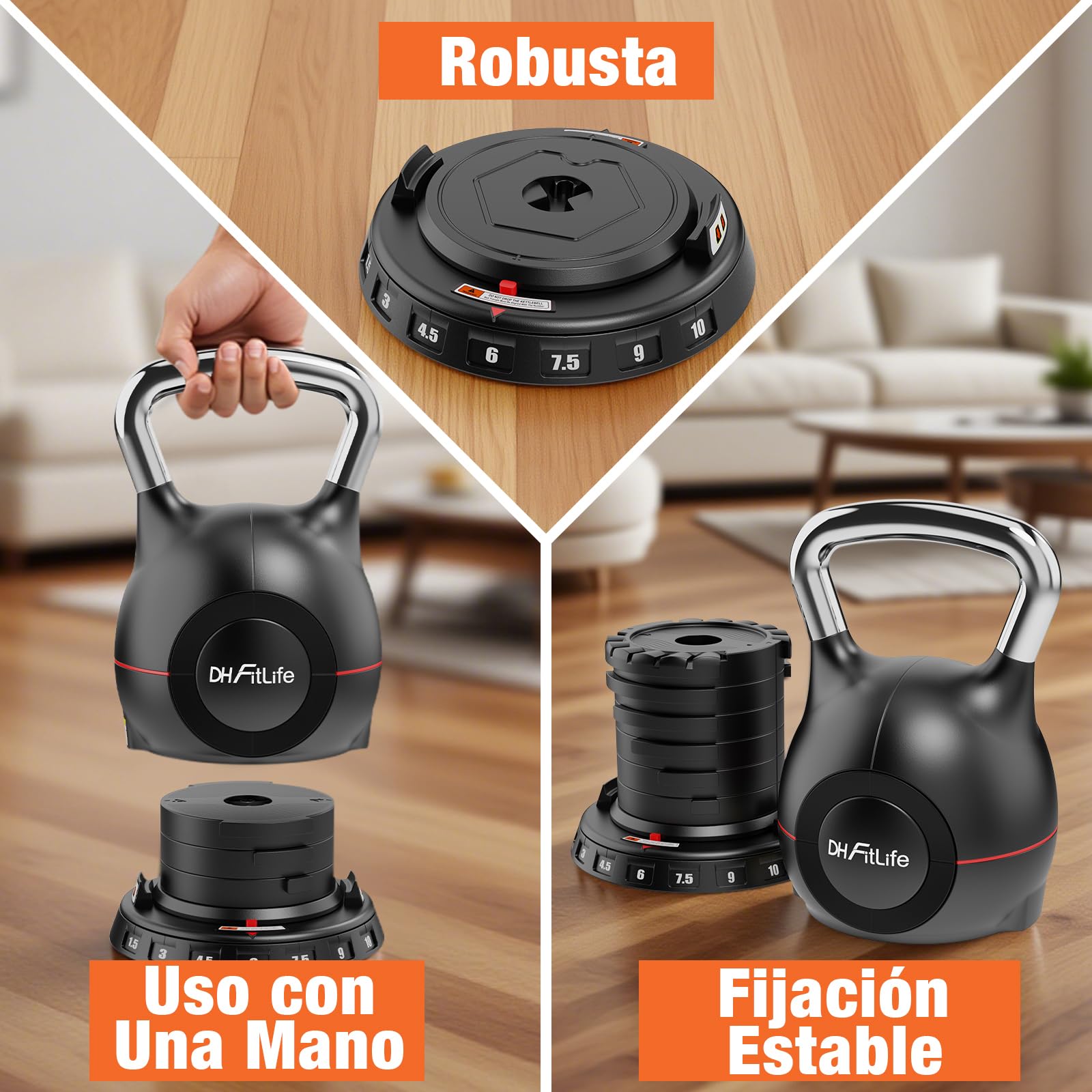 DH FitLife Pesa Rusa Ajustable 7 en 1 (1,5-10kg), Kettlebell con 7 Niveles de Peso, Mancuerna Kettlebell para Entrenamiento de Fuerza, Pesas para Casa y Gimnasio, Compacta y Ahorra Espacio