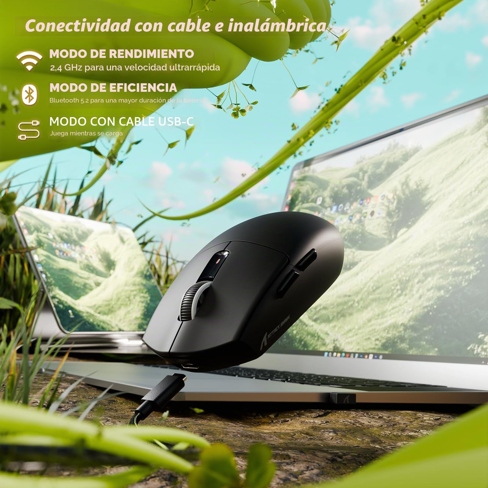 ATTACK SHARK G3 Ratón Gaming Inalámbrico, 25000 dpi, Sensor PixArt PAW3311, 59g Superlight, 80 Millones de Clics, Batería de 500mAh Ratón Gamer G305, Bluetooth/2.4G/Cableado, para PC/Mac, Negro