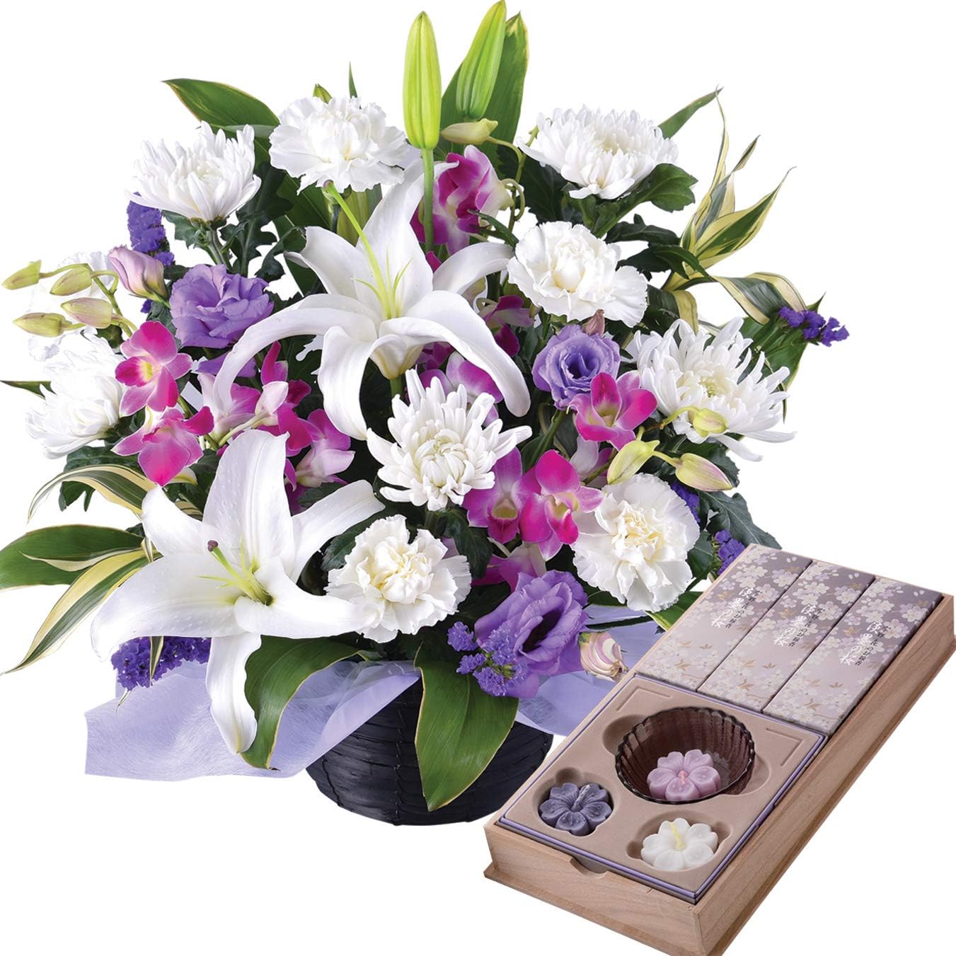 1764円 有名なブランド お供え お悔やみ お供え物 生花 アレンジメント ｓサイズ 和菓子 あわや