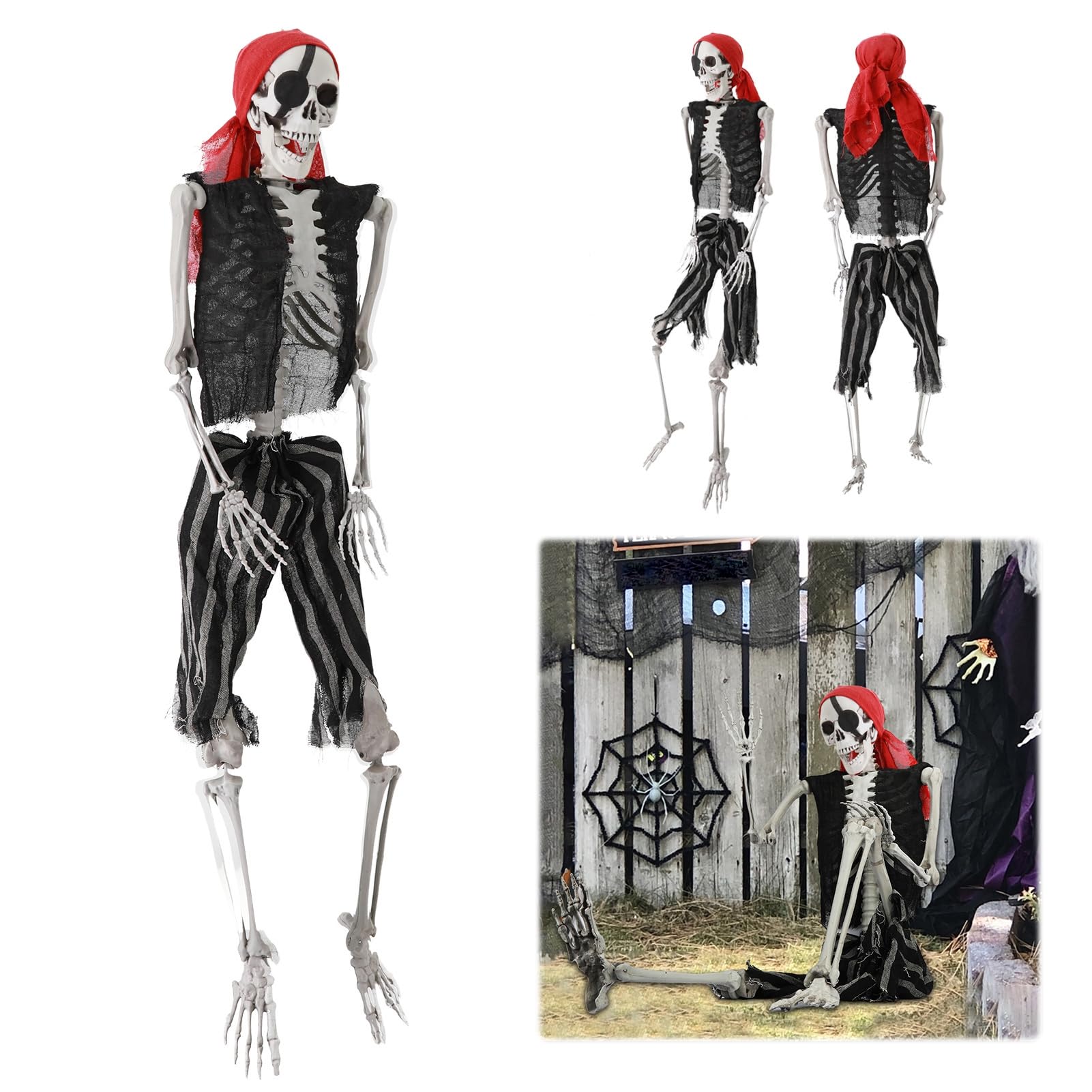 165 cm - Décoration d'Halloween - Squelette humain grandeur nature avec articulations mobiles - Foulard de pirate et tenues - 170 cm