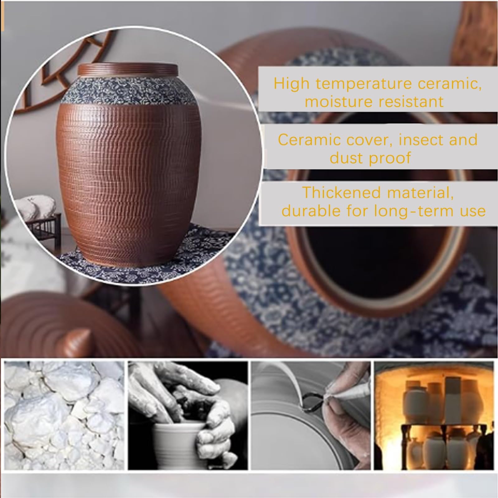 Barattolo per riso cinese sigillato di grande capacità Barattolo cinese Barattoli per la conservazione di cereali Contenitori per alimenti in ceramica Cilindro per riso in ceramica con coperchio(10kg)