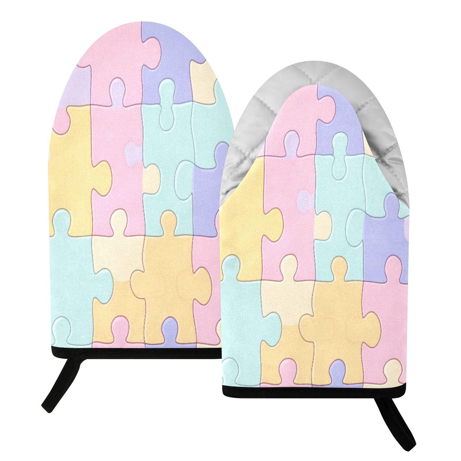 BURSTDDY Pastel Colored Puzzle Pattern Oven Mitt,Heat Resistant Kitchen Mitts for Cooking
